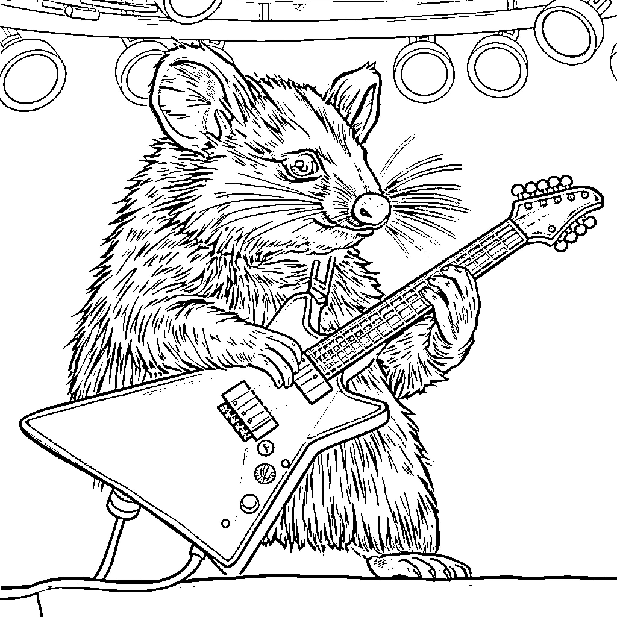 Wombat playing electric guitar on stage Coloring Page (free black-and-white line drawing printable PDF for all, from beginners to advanced learners, including children, teens, adults, and seniors)