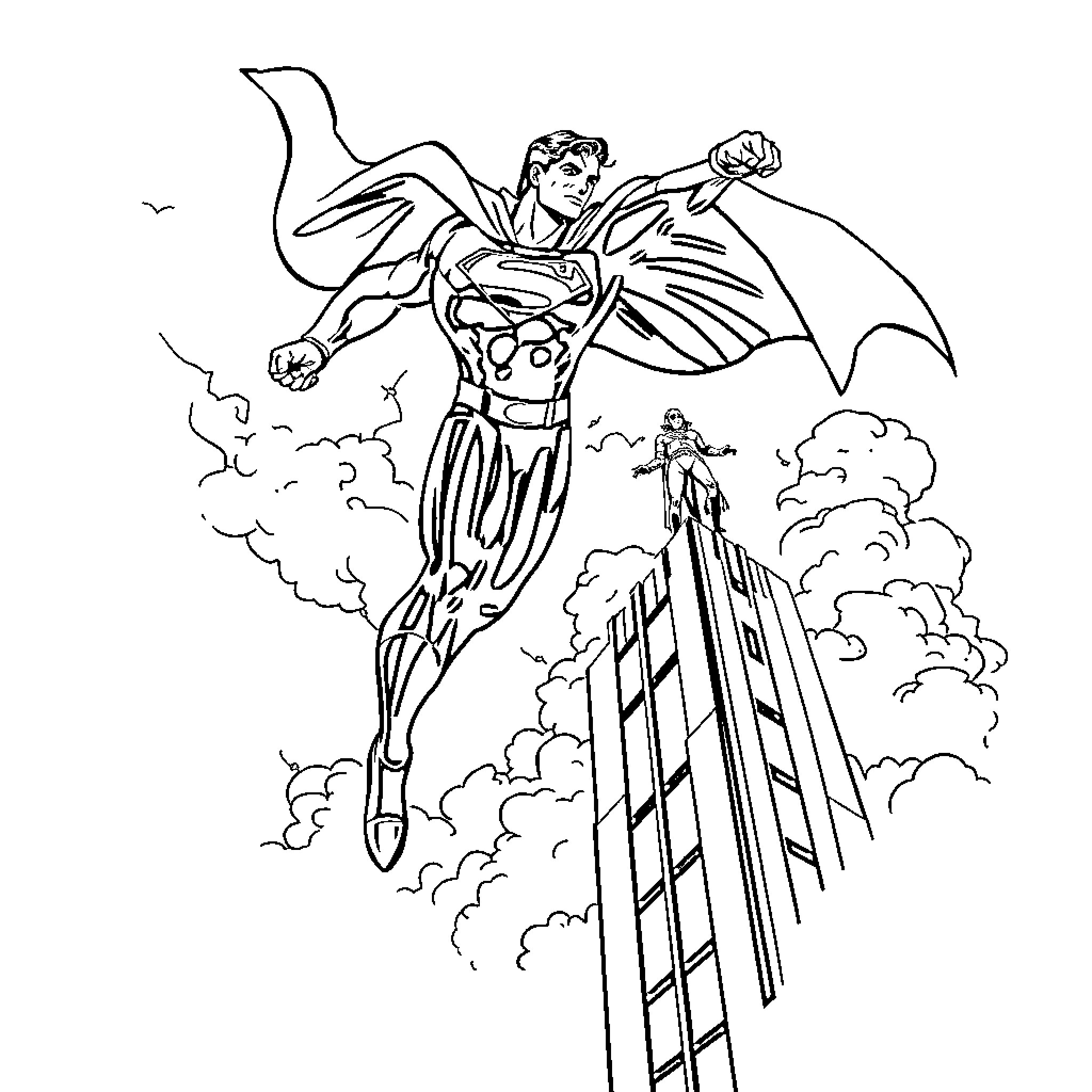 Superman heroically soaring through the skies Coloring Page (free black-and-white line drawing printable PDF for all, from beginners to advanced learners, including children, teens, adults, and seniors)