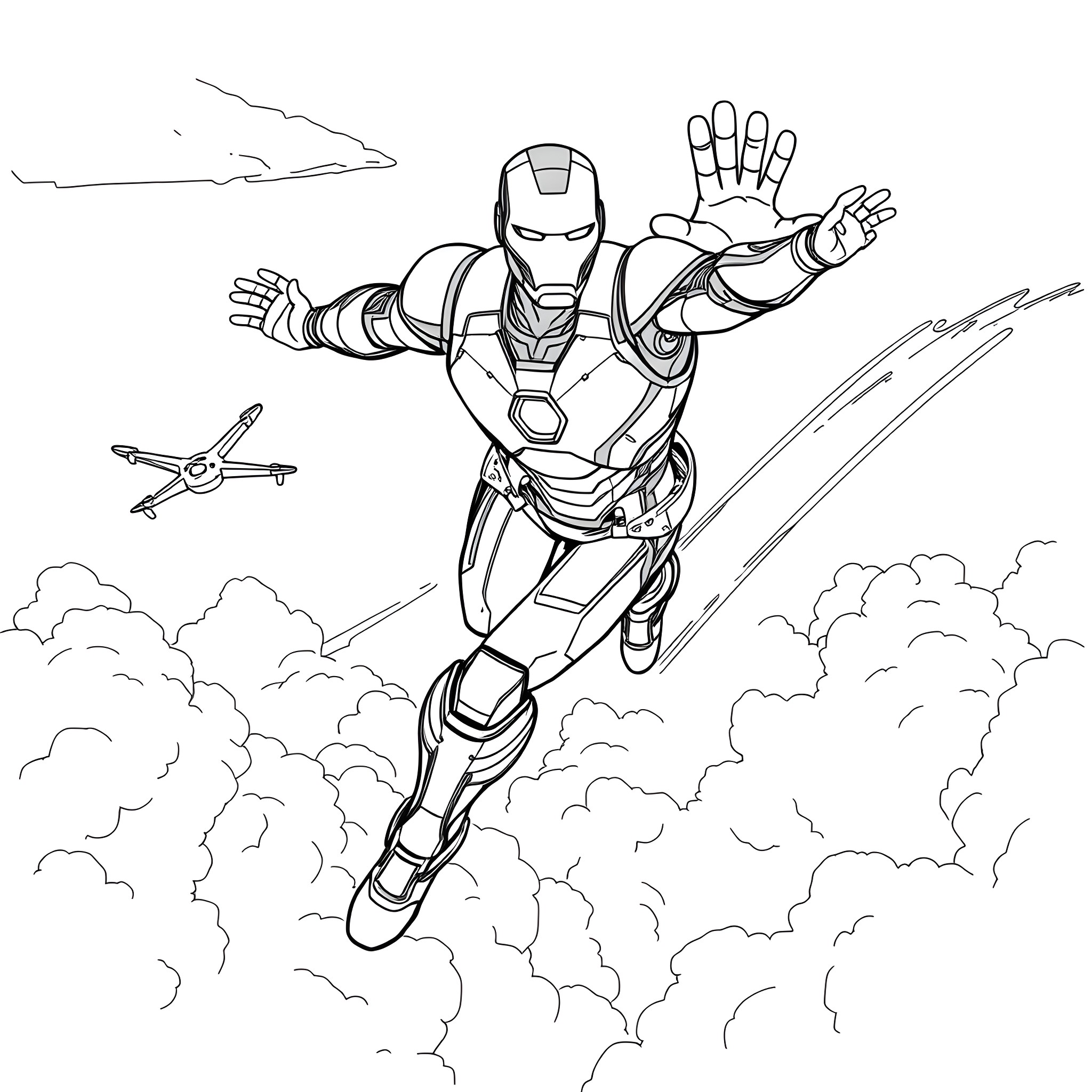 Iron Man in high-speed flight over the clouds Coloring Page (free black-and-white line drawing printable PDF for all, from beginners to advanced learners, including children, teens, adults, and seniors)
