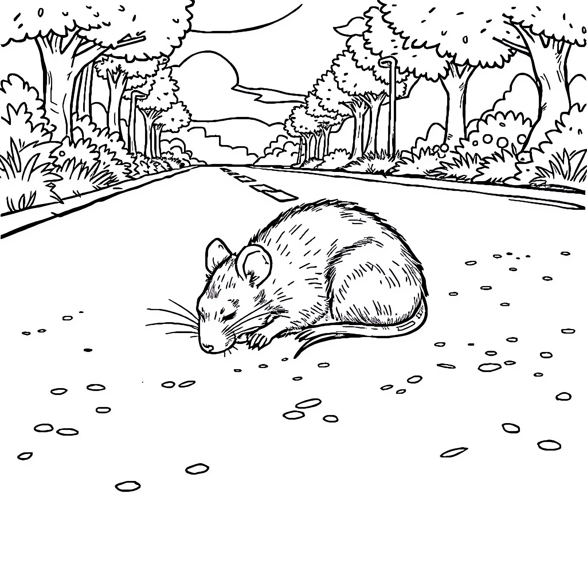 Rat exploring the forest landscape Coloring Page (free black-and-white line drawing printable PDF for all, from beginners to advanced learners, including children, teens, adults, and seniors)