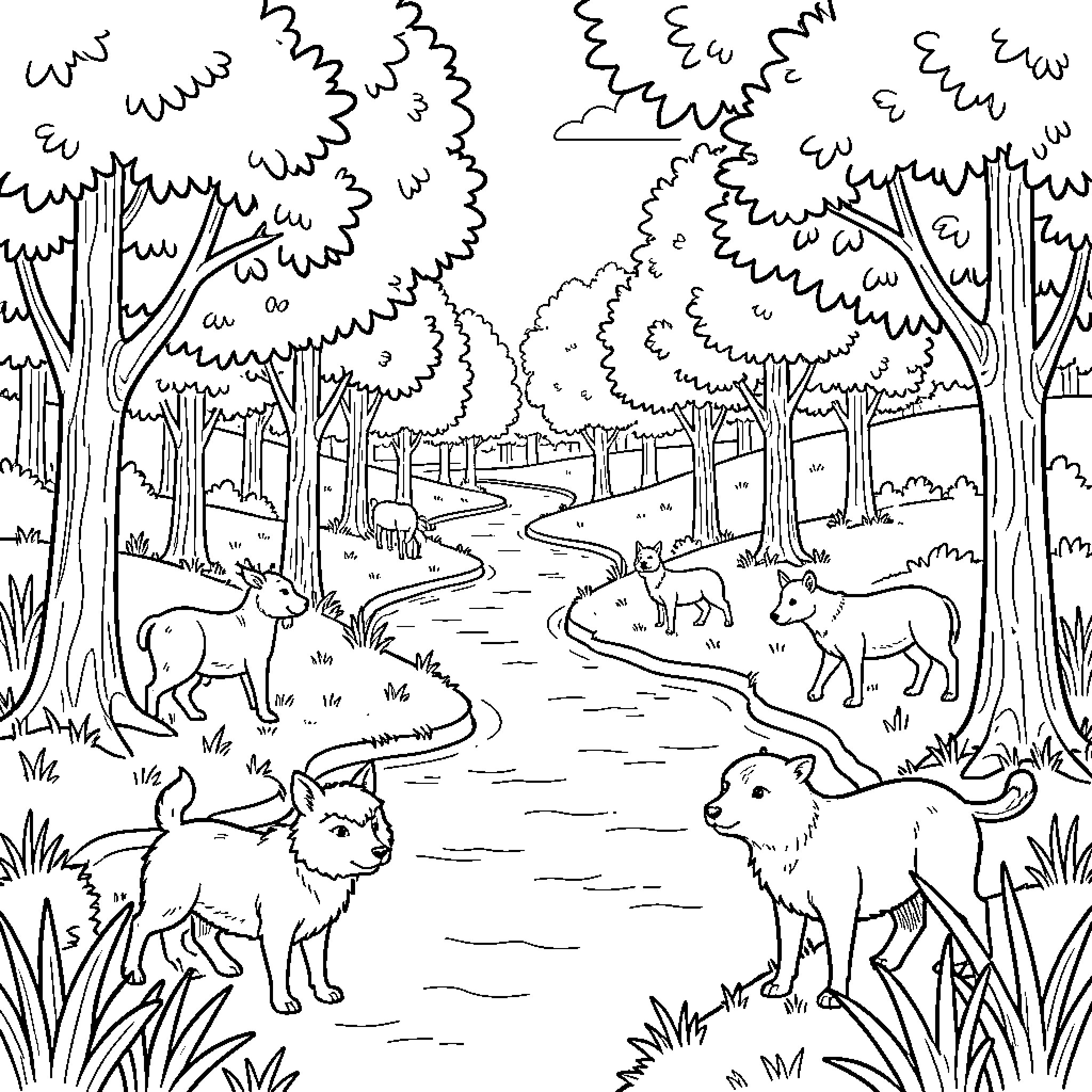 Nature scene with wild animals near a flowing river Coloring Page (free black-and-white line drawing printable PDF for all, from beginners to advanced learners, including children, teens, adults, and seniors)