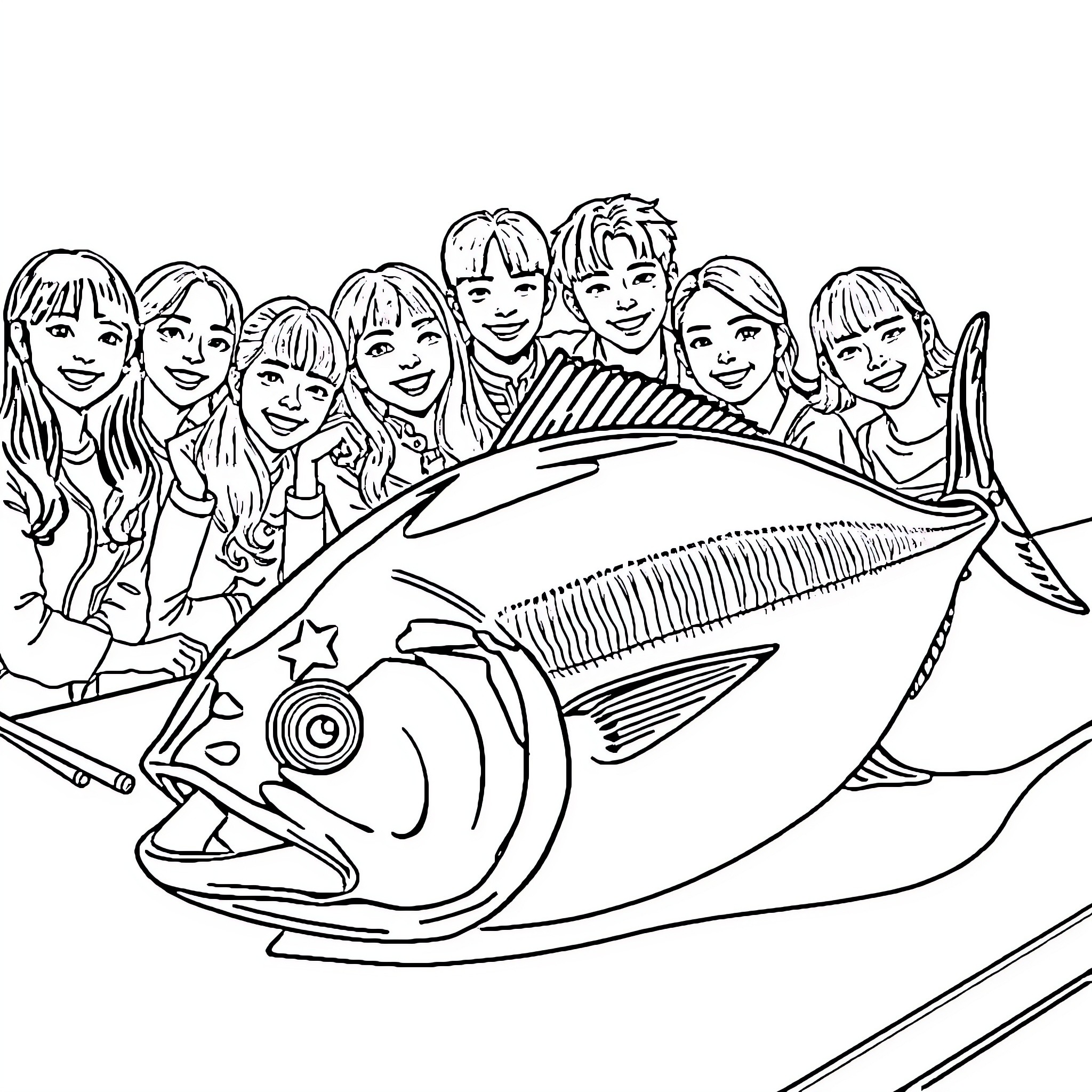 Tuna Fish Caught by Friendly Group Coloring Page (free black-and-white line drawing printable PDF for all, from beginners to advanced learners, including children, teens, adults, and seniors)