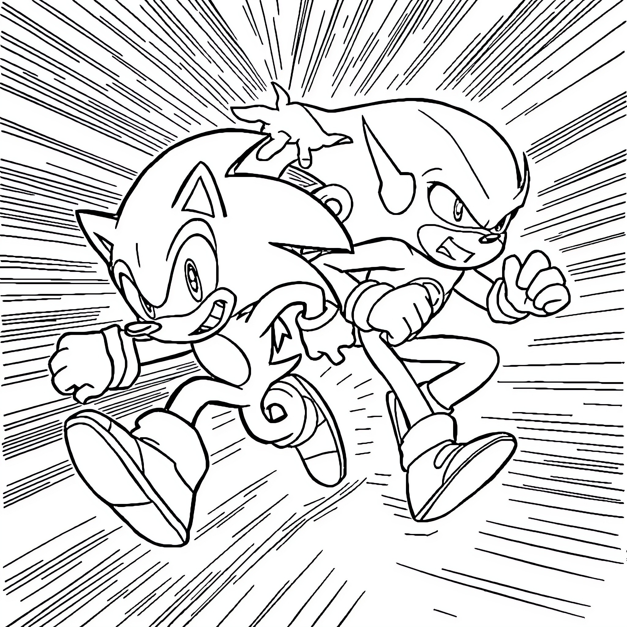 Sonic characters in action-packed scene Coloring Page (free black-and-white line drawing printable PDF for all, from beginners to advanced learners, including children, teens, adults, and seniors)