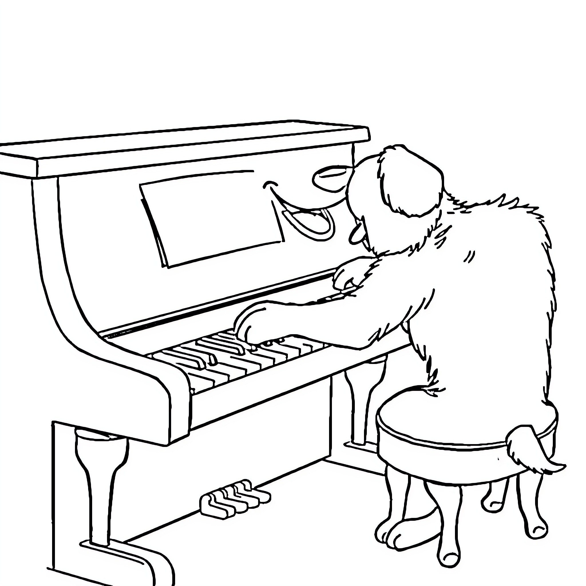 Dog playing piano joyfully Coloring Page (free black-and-white line drawing printable PDF for all, from beginners to advanced learners, including children, teens, adults, and seniors)