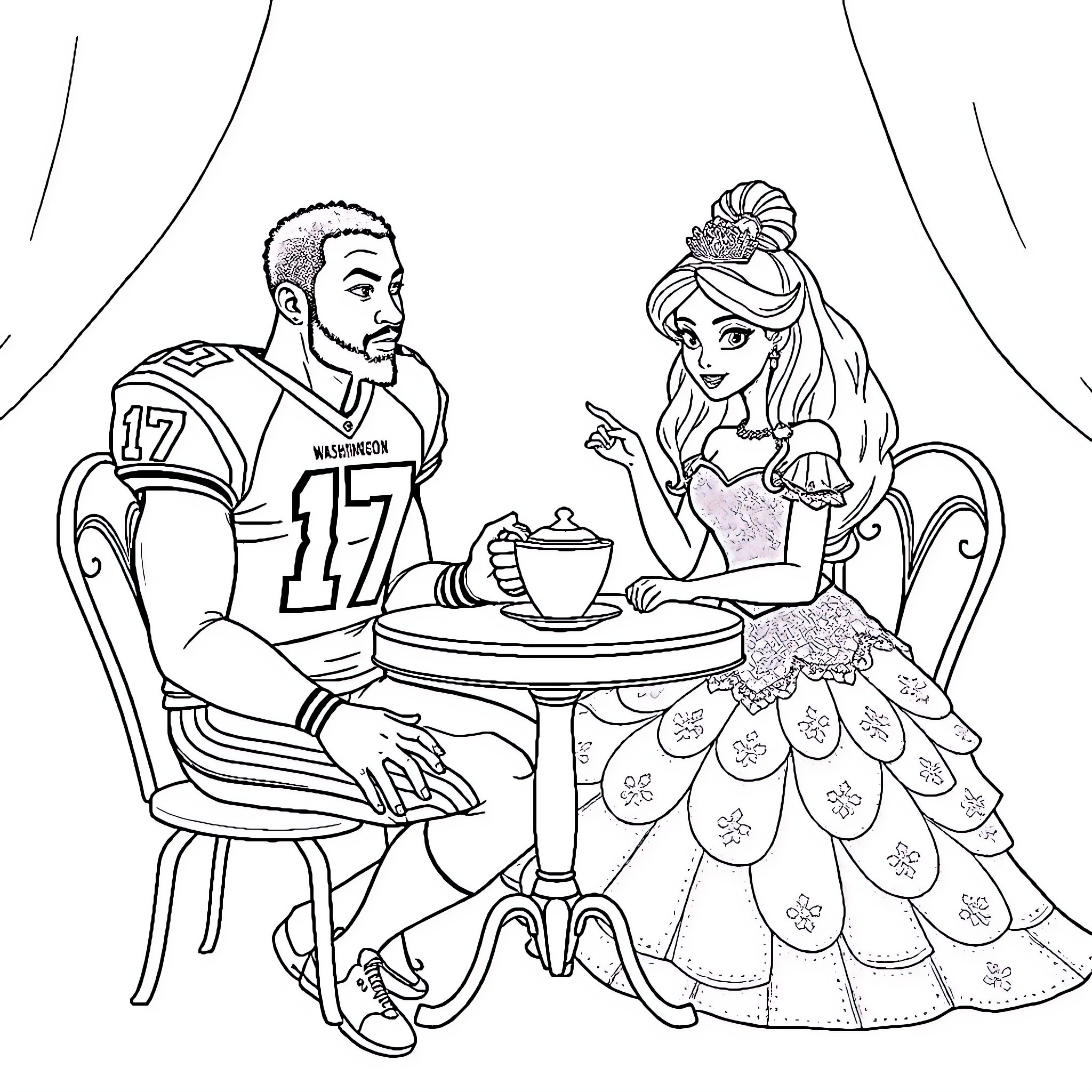 Terry McLaurin enjoying tea with a princess Coloring Page (free black-and-white line drawing printable PDF for all, from beginners to advanced learners, including children, teens, adults, and seniors)