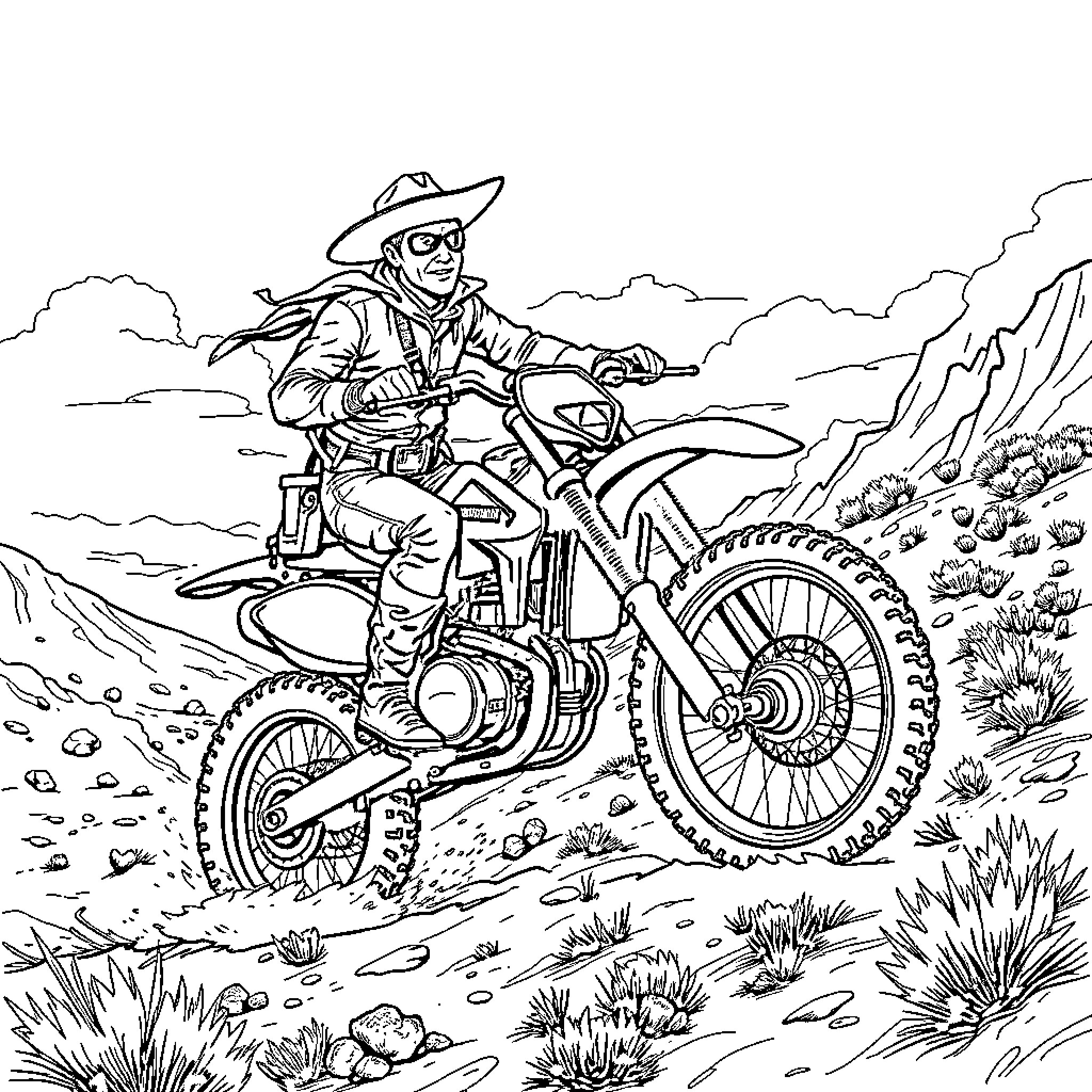 Lone Ranger riding motorcycle through the desert Coloring Page (free black-and-white line drawing printable PDF for all, from beginners to advanced learners, including children, teens, adults, and seniors)