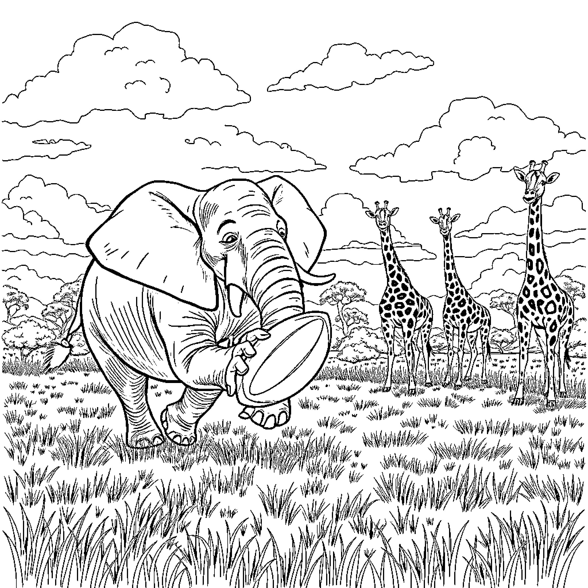Elephant surrounded by Giraffes in the Serengeti Coloring Page (free black-and-white line drawing printable PDF for all, from beginners to advanced learners, including children, teens, adults, and seniors)