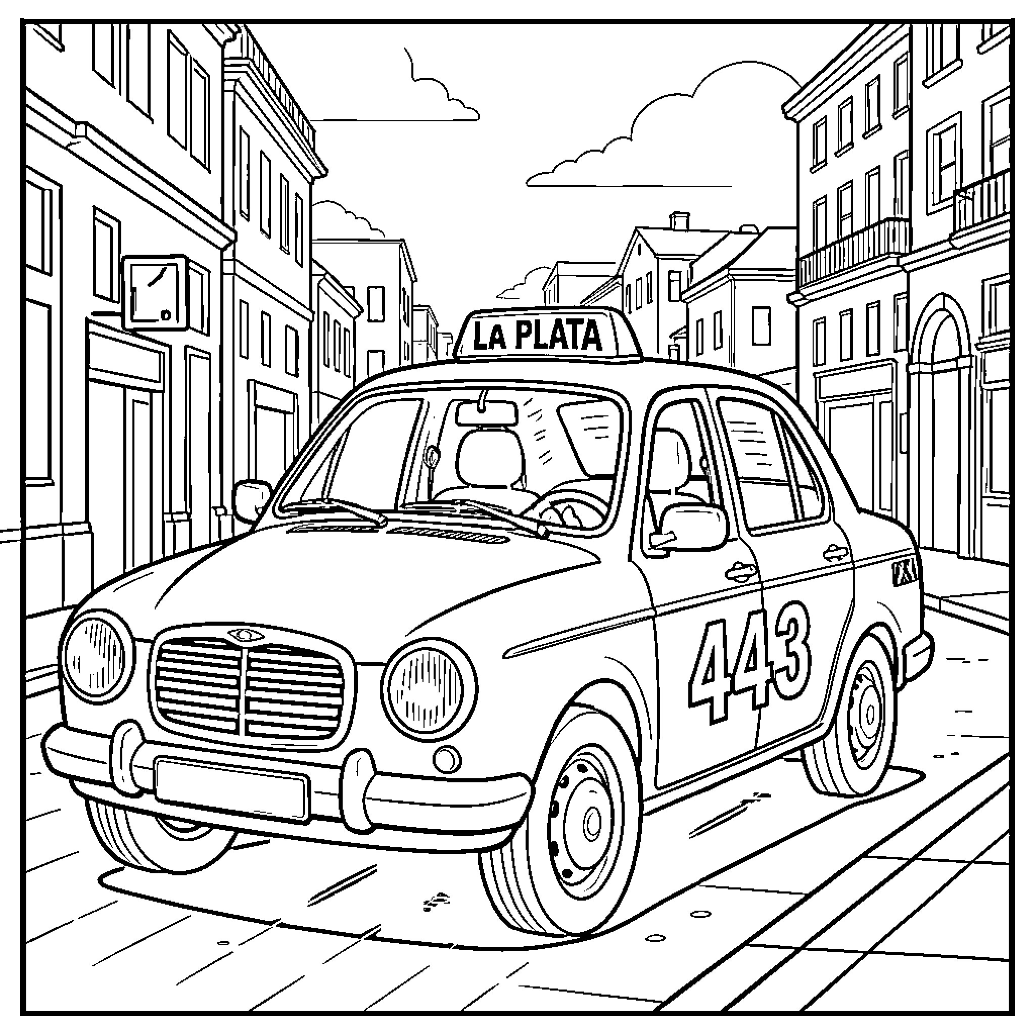 Taxi driving through a quiet city street Coloring Page (free black-and-white line drawing printable PDF for all, from beginners to advanced learners, including children, teens, adults, and seniors)