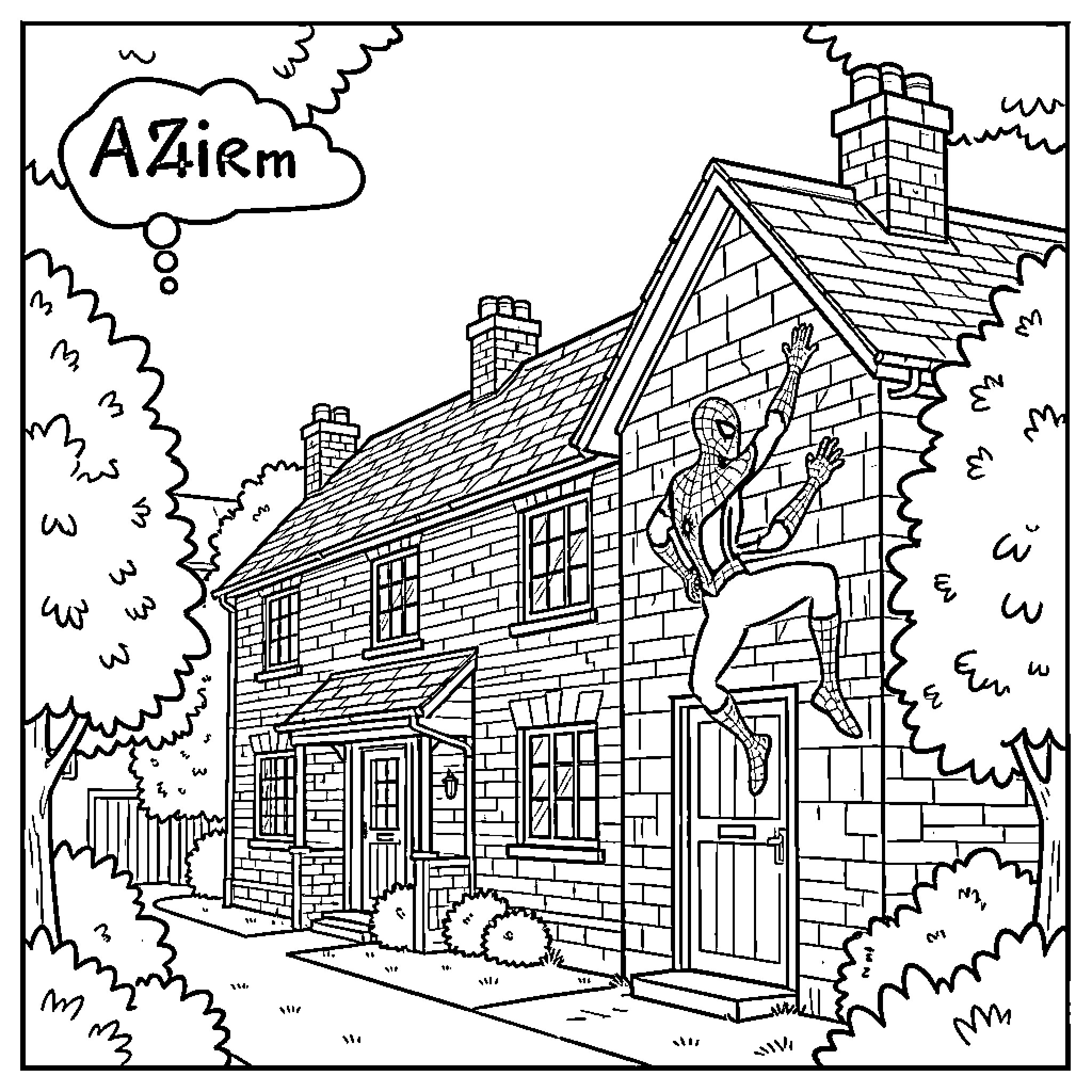 Spiderman swinging through the neighborhood Coloring Page (free black-and-white line drawing printable PDF for all, from beginners to advanced learners, including children, teens, adults, and seniors)