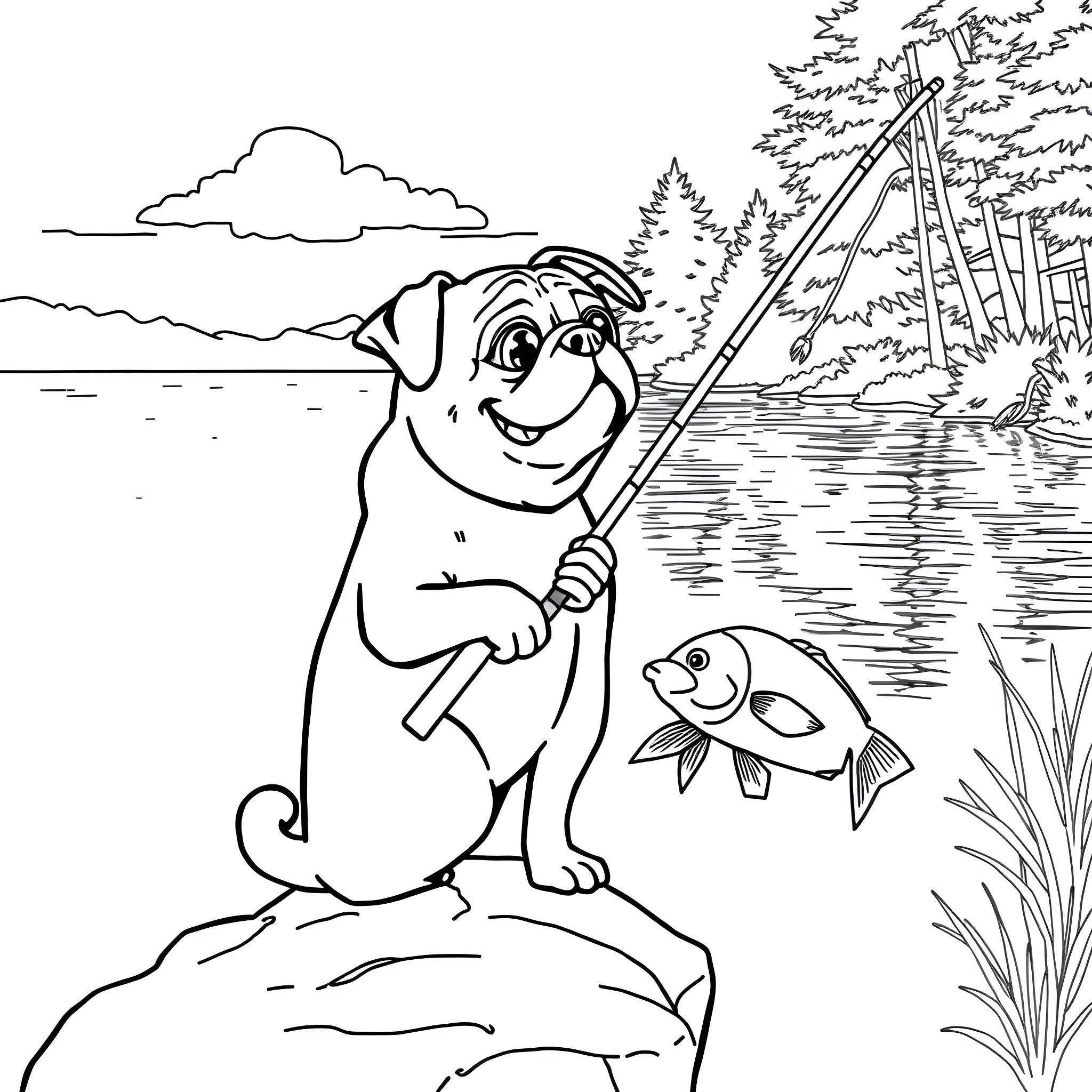 Pug fishing in a serene lake Coloring Page (free black-and-white line drawing printable PDF for all, from beginners to advanced learners, including children, teens, adults, and seniors)