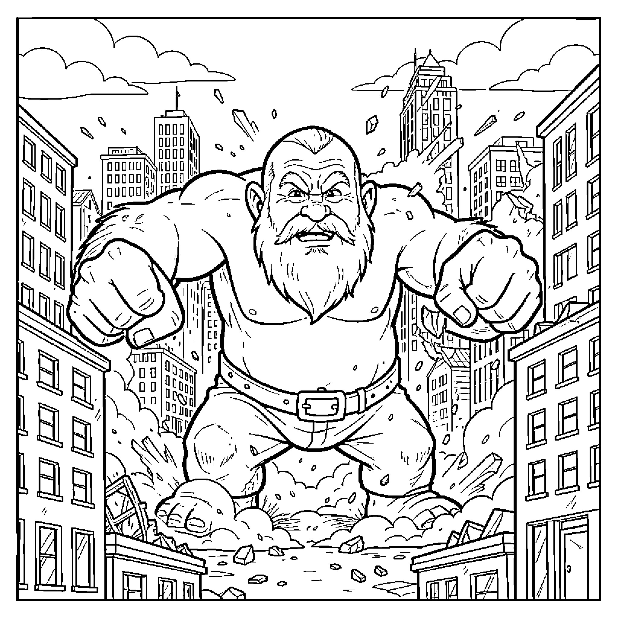 Dwarf superhero destroying city in dramatic fashion Coloring Page (free black-and-white line drawing printable PDF for all, from beginners to advanced learners, including children, teens, adults, and seniors)