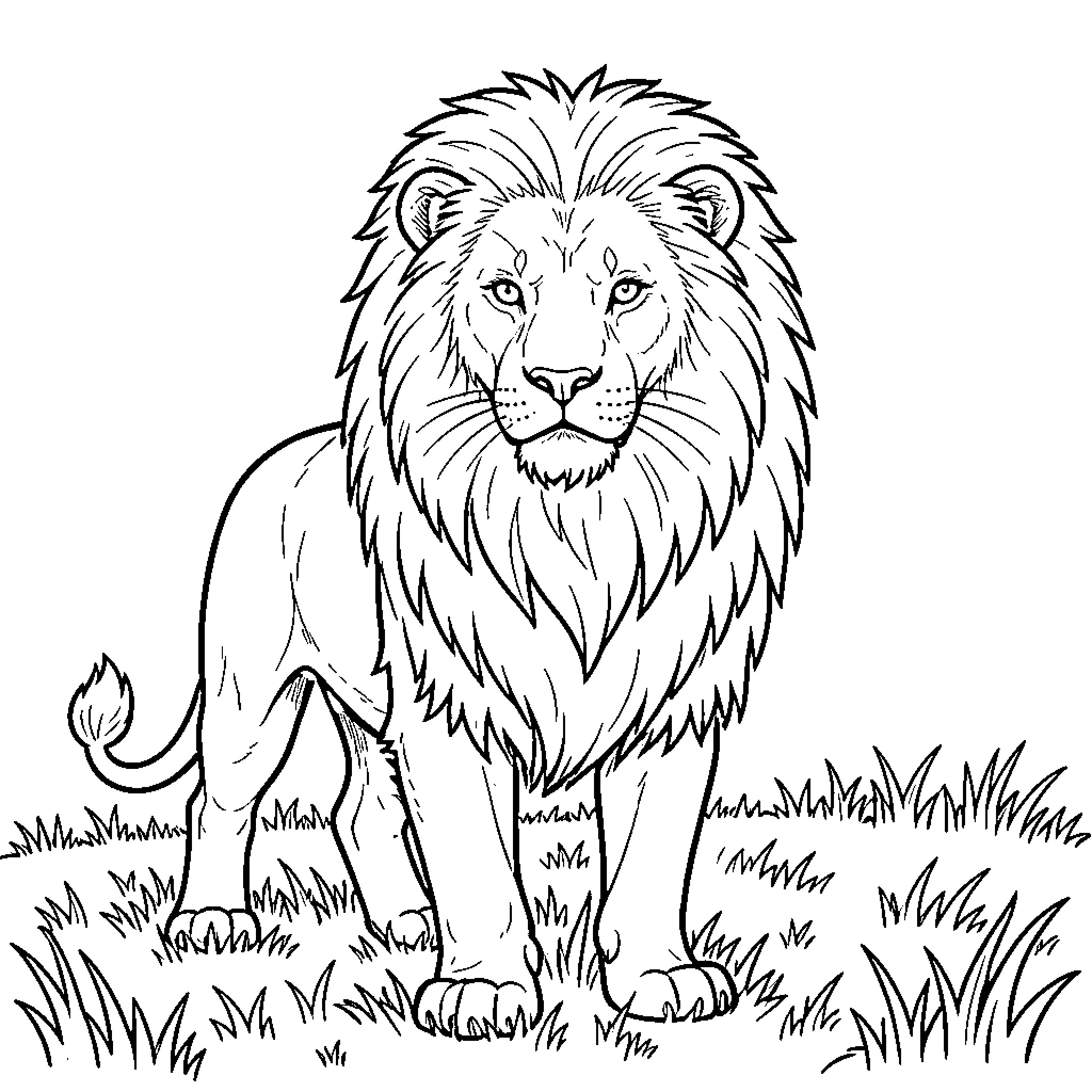 Lion standing proudly in the wild grasslands Coloring Page (free black-and-white line drawing printable PDF for all, from beginners to advanced learners, including children, teens, adults, and seniors)