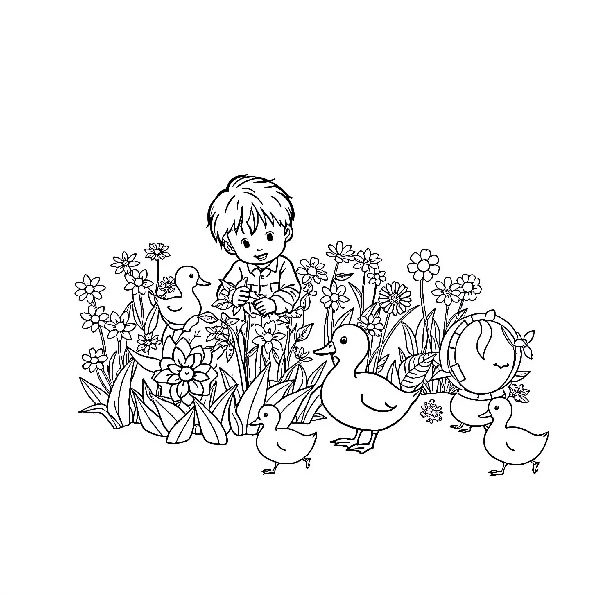 Duck playing with baby ducklings in a flower garden Coloring Page (free black-and-white line drawing printable PDF for all, from beginners to advanced learners, including children, teens, adults, and seniors)