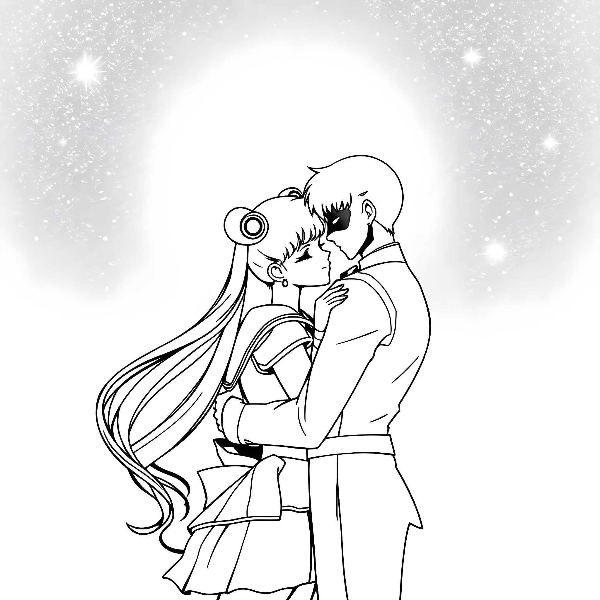 Sailor Moon Couple in Romantic Embrace Coloring Page (free black-and-white line drawing printable PDF for all, from beginners to advanced learners, including children, teens, adults, and seniors)