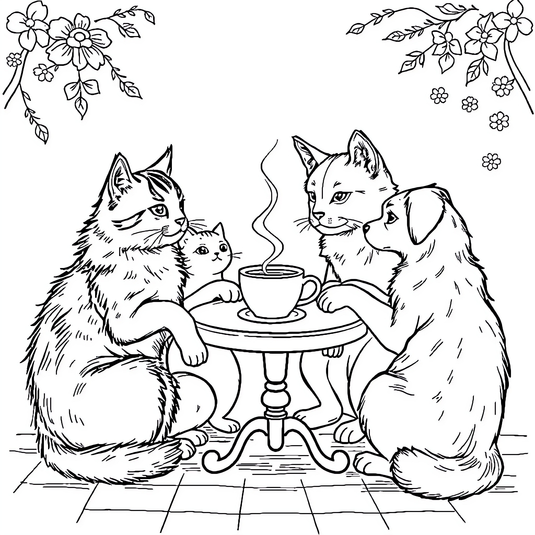 Cat and Dog Enjoying Tea Together Coloring Page (free black-and-white line drawing printable PDF for all, from beginners to advanced learners, including children, teens, adults, and seniors)