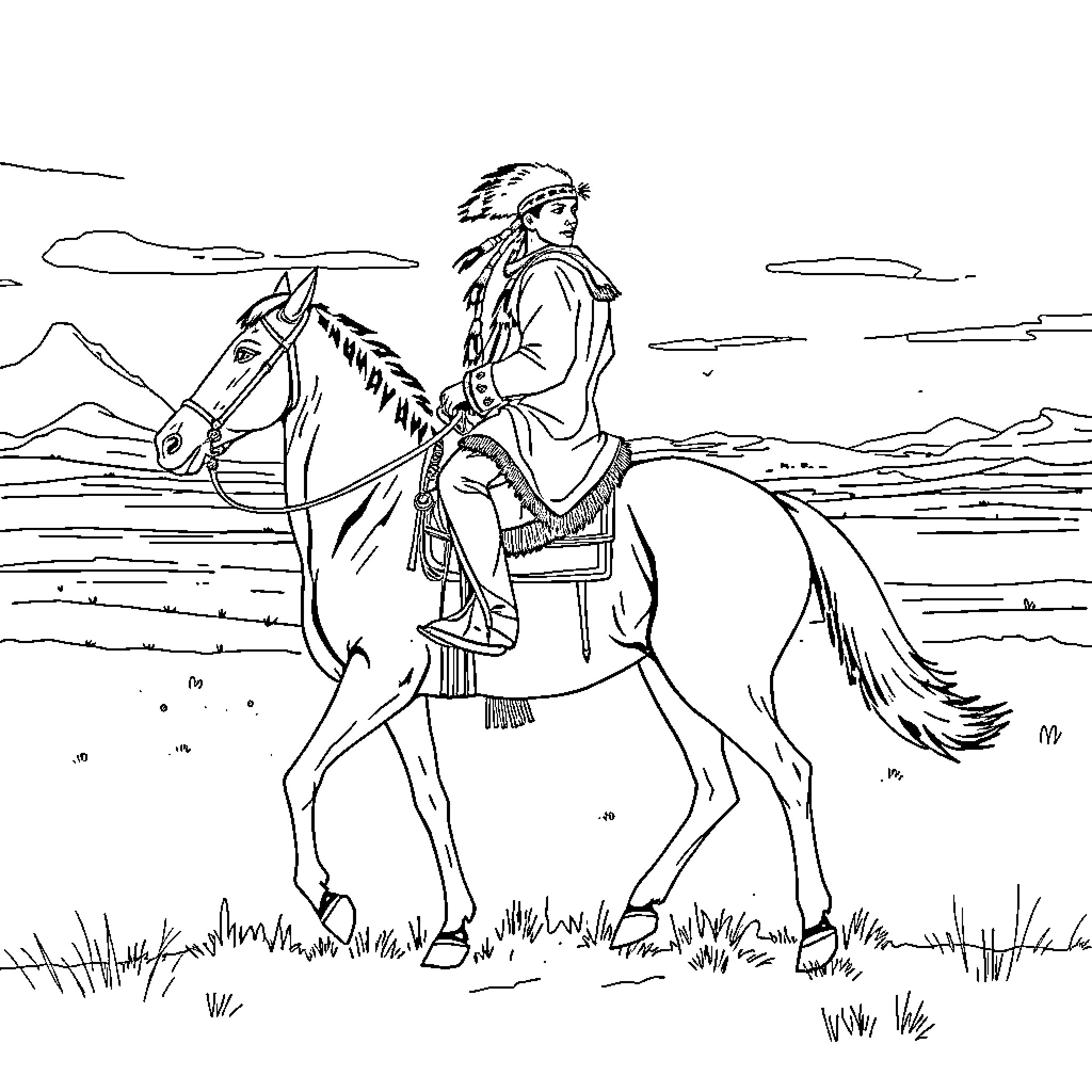 Navajo Man Riding Horse Across Rugged Landscape Coloring Page (free black-and-white line drawing printable PDF for all, from beginners to advanced learners, including children, teens, adults, and seniors)