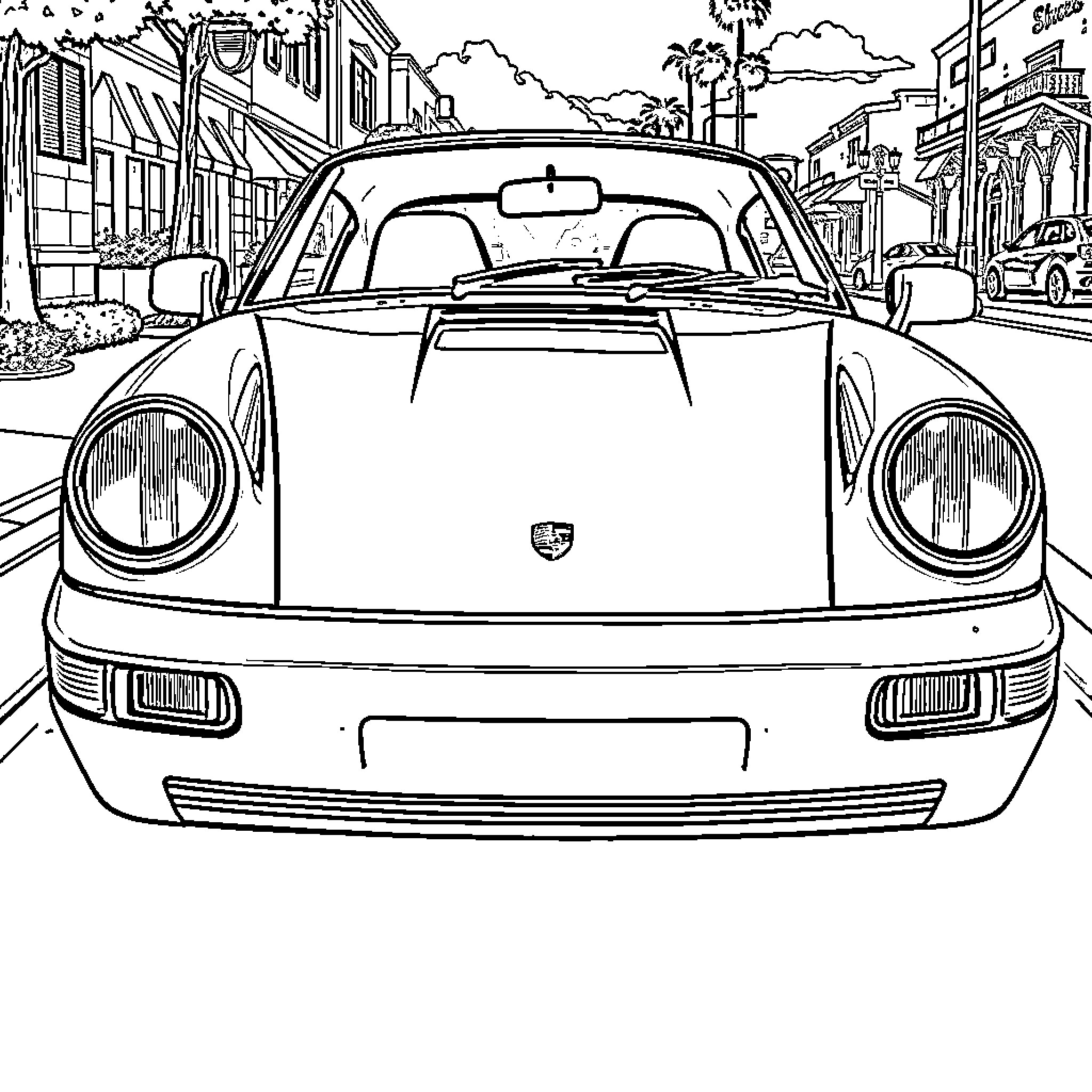 Porsche sports car driving through city streets Coloring Page (free black-and-white line drawing printable PDF for all, from beginners to advanced learners, including children, teens, adults, and seniors)