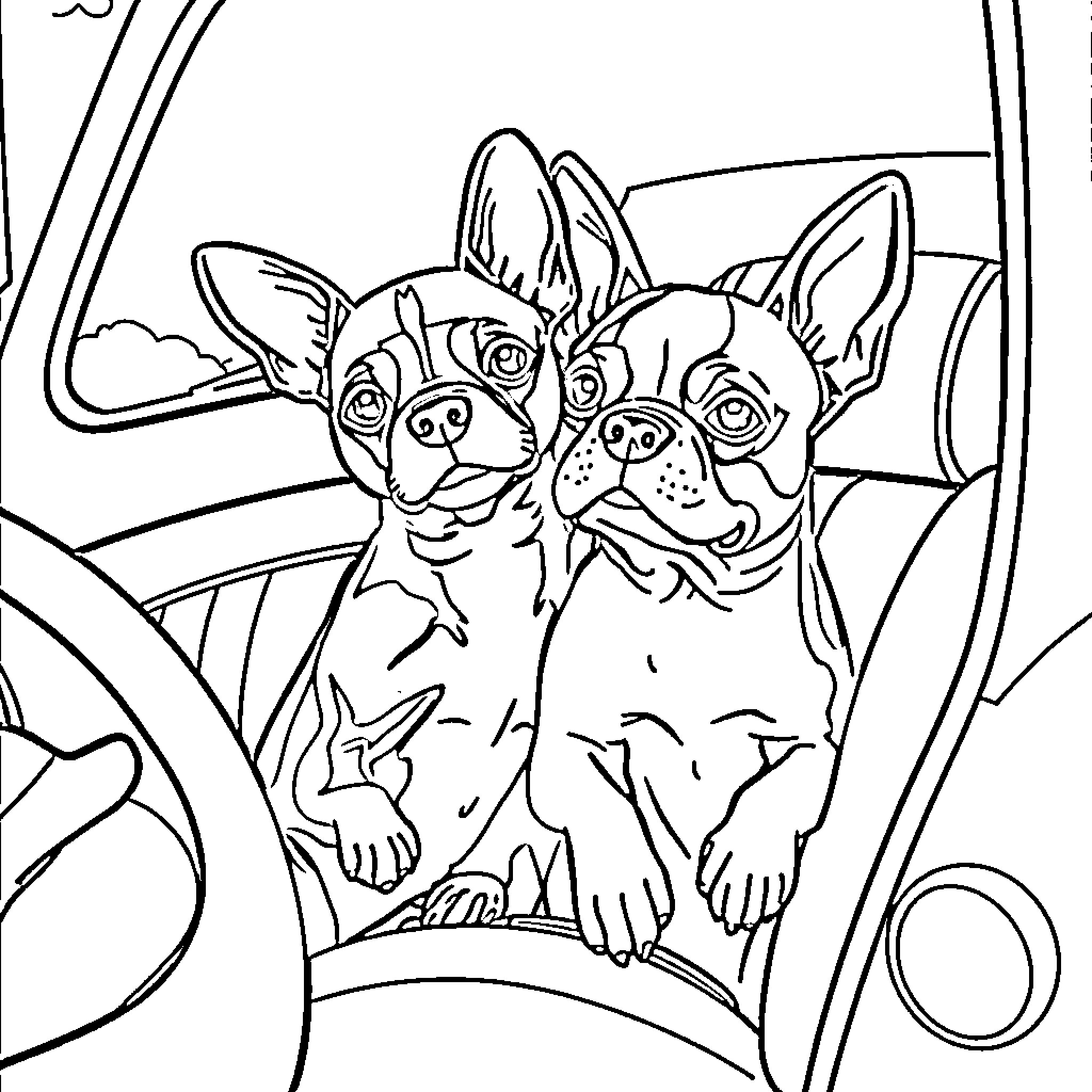 Dog companions enjoying a car ride Coloring Page (free black-and-white line drawing printable PDF for all, from beginners to advanced learners, including children, teens, adults, and seniors)