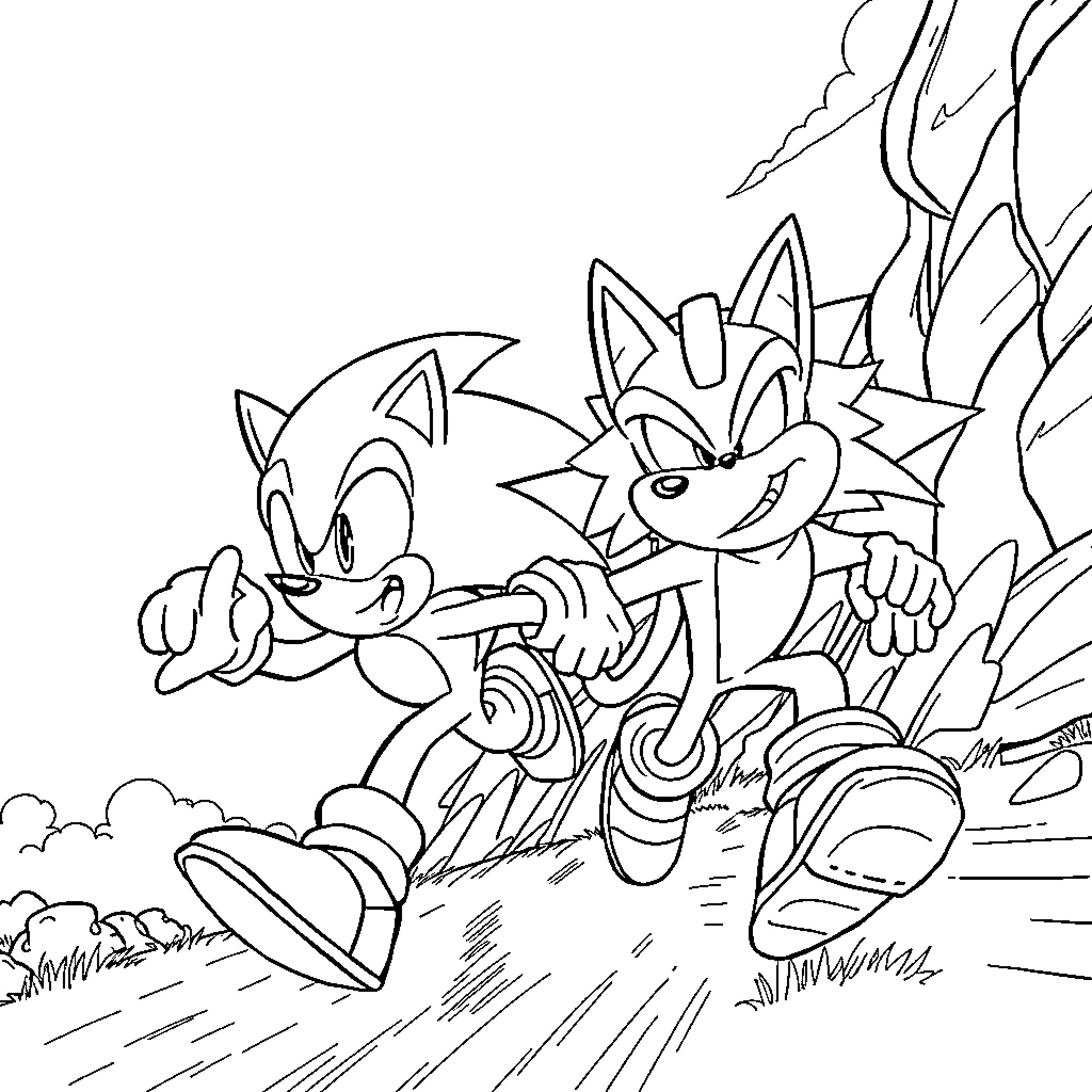 Sonic Characters Running Joyfully in the Forest Coloring Page (free black-and-white line drawing printable PDF for all, from beginners to advanced learners, including children, teens, adults, and seniors)