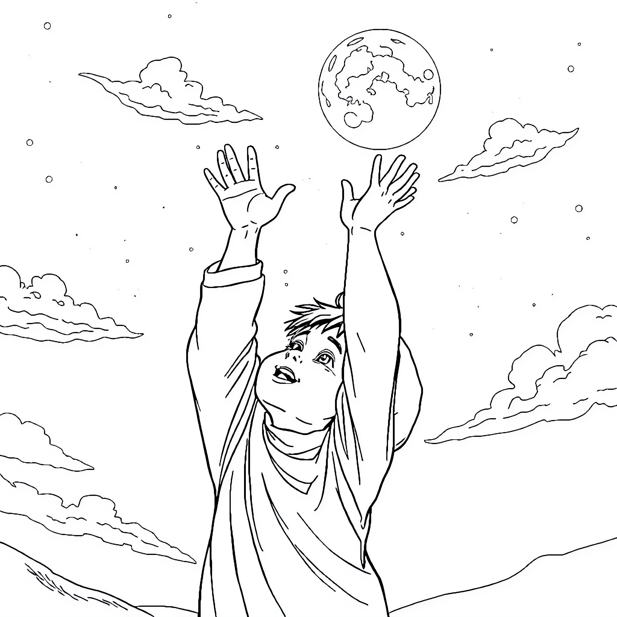 Child reaching for the world in wonder Coloring Page (free black-and-white line drawing printable PDF for all, from beginners to advanced learners, including children, teens, adults, and seniors)
