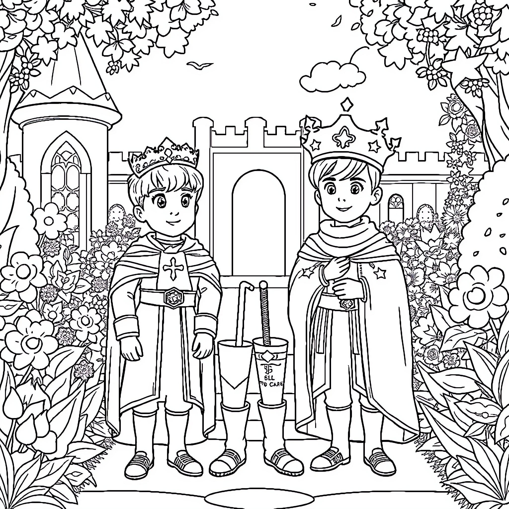 Prince's Enchanted Castle Adventure Coloring Page (free black-and-white line drawing printable PDF for all, from beginners to advanced learners, including children, teens, adults, and seniors)