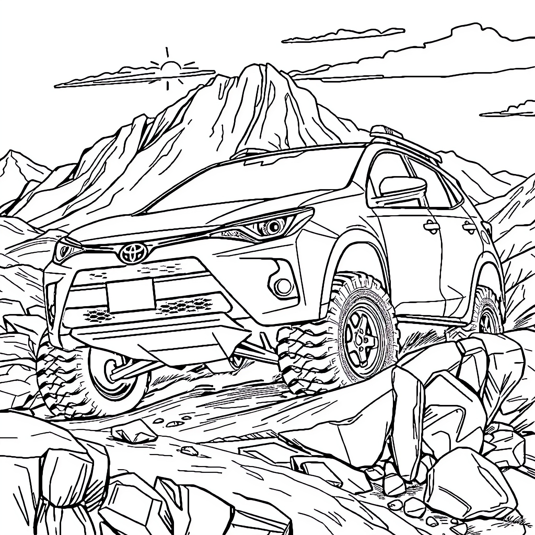 Toyota SUV exploring rugged mountain terrain Coloring Page (free black-and-white line drawing printable PDF for all, from beginners to advanced learners, including children, teens, adults, and seniors)