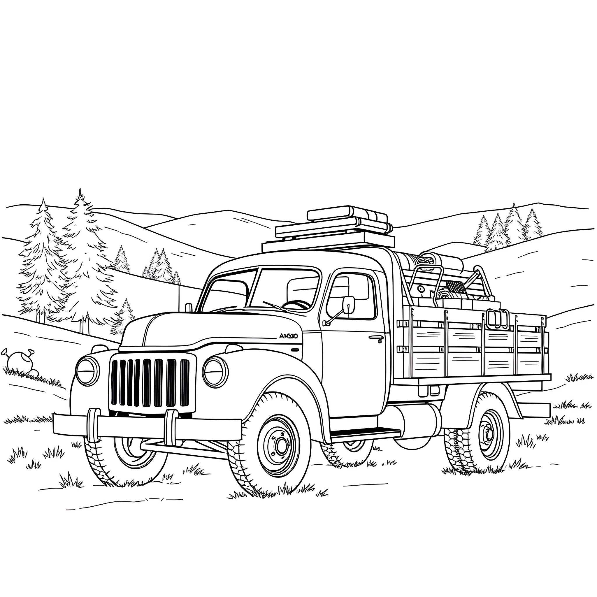 Truck transporting camping gear in the wilderness Coloring Page (free black-and-white line drawing printable PDF for all, from beginners to advanced learners, including children, teens, adults, and seniors)