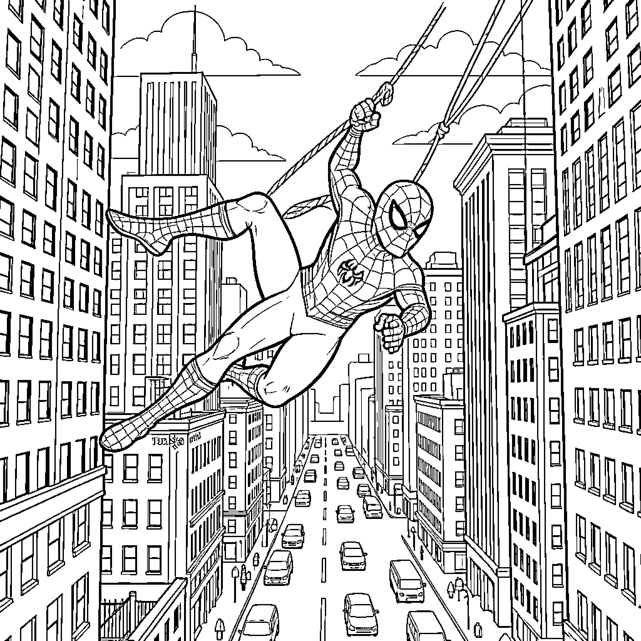 Spiderman swinging through a busy city street Coloring Page (free black-and-white line drawing printable PDF for all, from beginners to advanced learners, including children, teens, adults, and seniors)