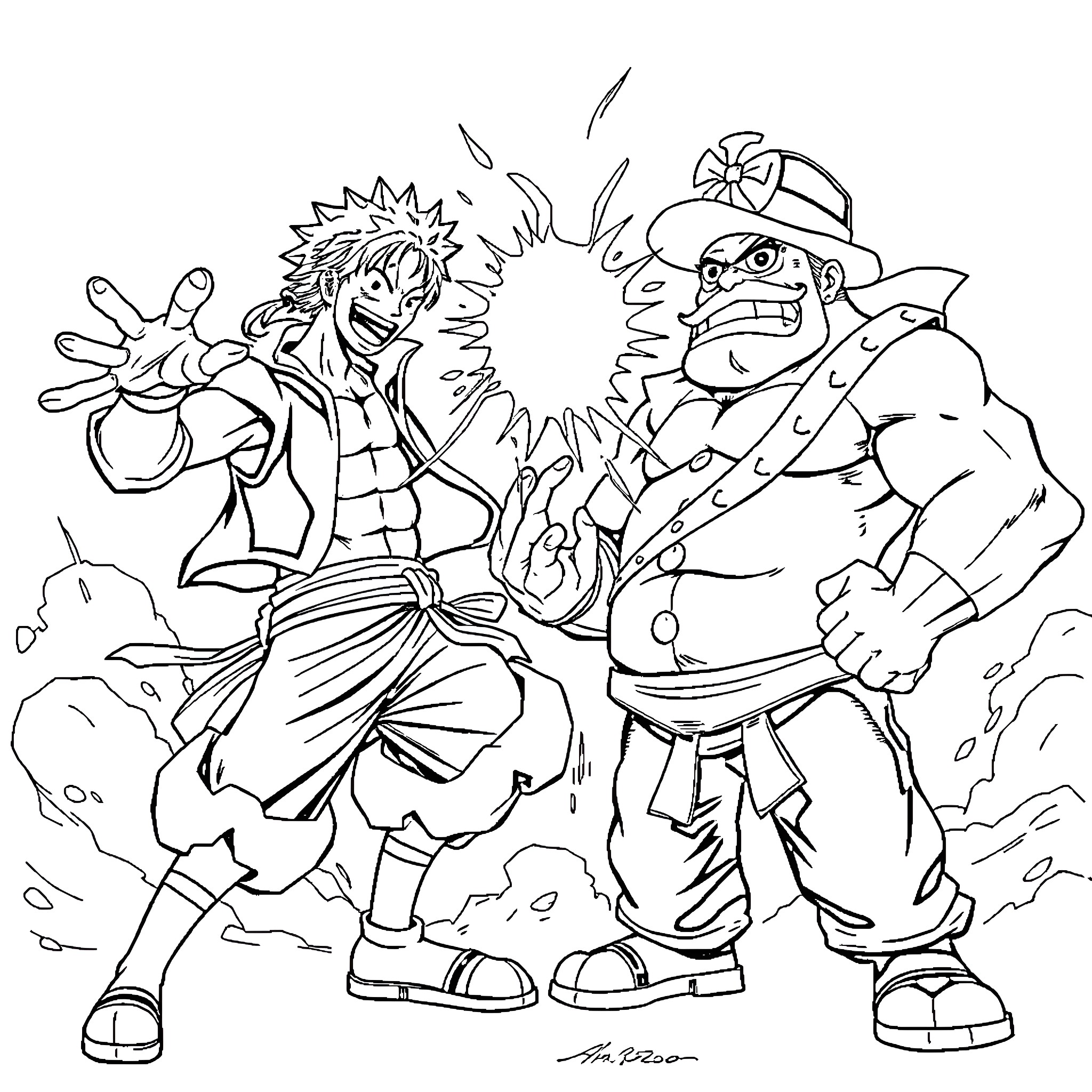 Luffy's Daring Encounter with a Fearsome Foe Coloring Page (free black-and-white line drawing printable PDF for all, from beginners to advanced learners, including children, teens, adults, and seniors)