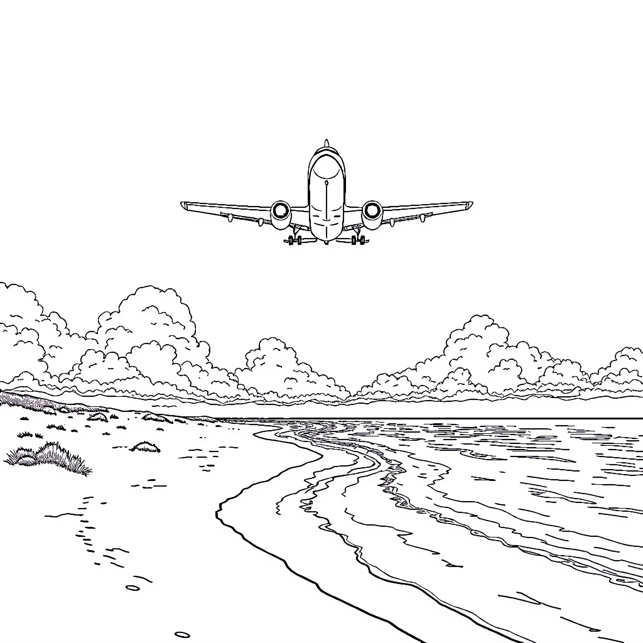 Plane taking off from the beachfront Coloring Page (free black-and-white line drawing printable PDF for all, from beginners to advanced learners, including children, teens, adults, and seniors)