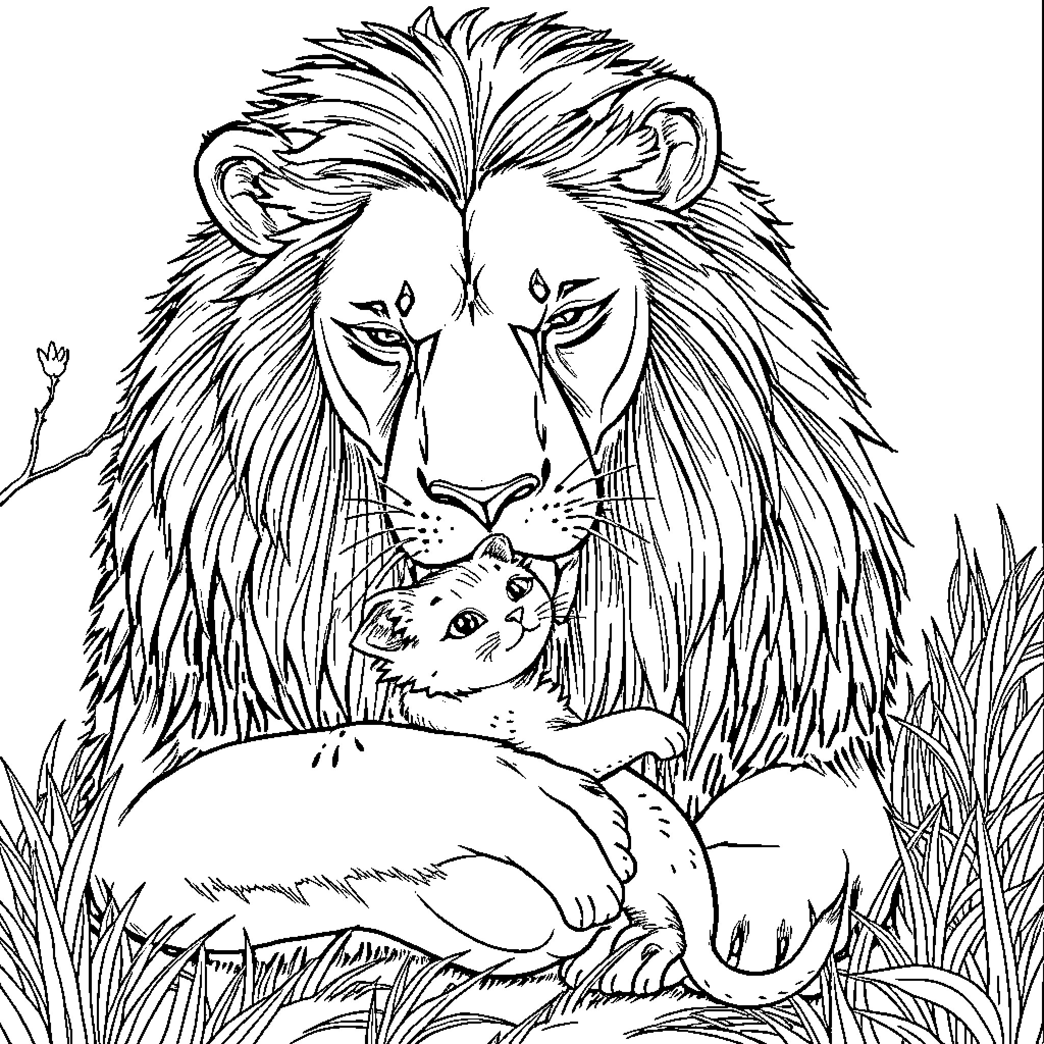 Lion guarding a cub in the wilderness Coloring Page (free black-and-white line drawing printable PDF for all, from beginners to advanced learners, including children, teens, adults, and seniors)