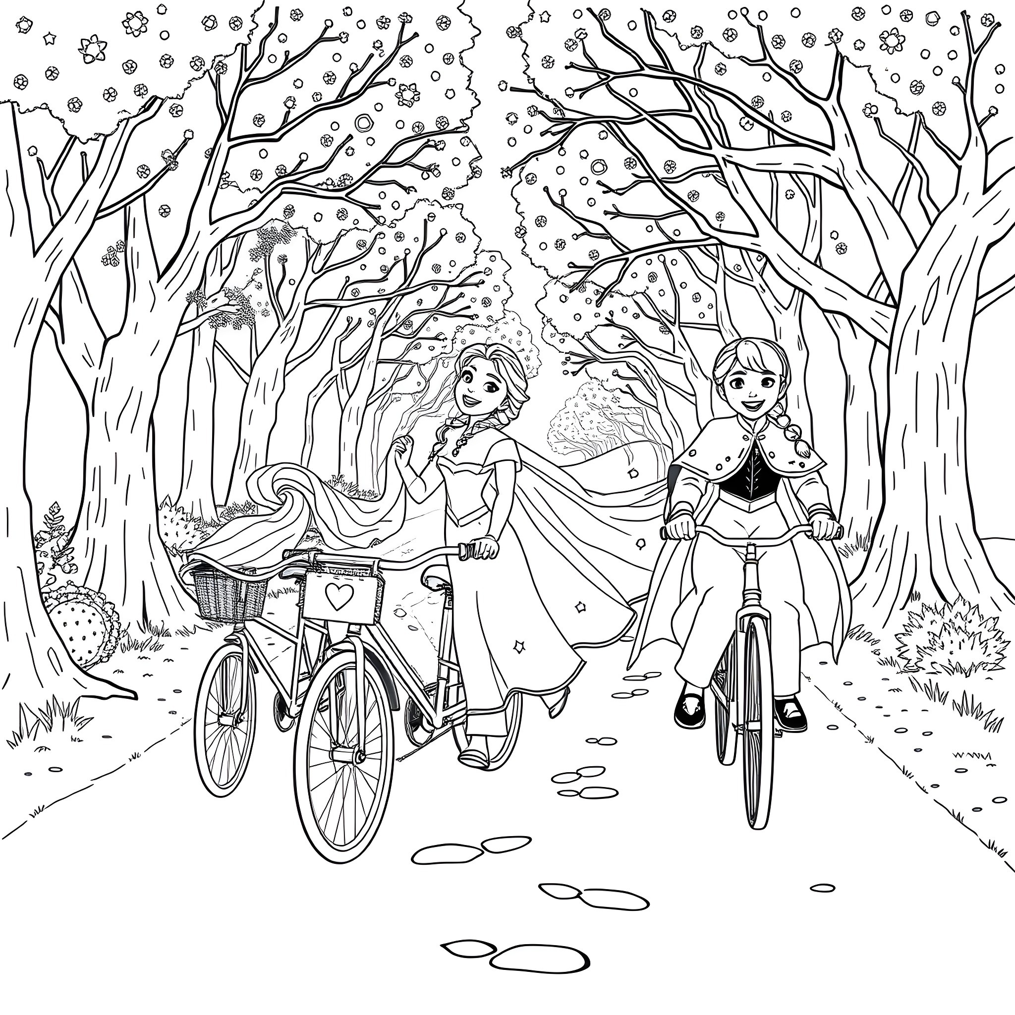 Bluey and Bingo enjoying a snowy bike ride through the forest Coloring Page (free black-and-white line drawing printable PDF for all, from beginners to advanced learners, including children, teens, adults, and seniors)