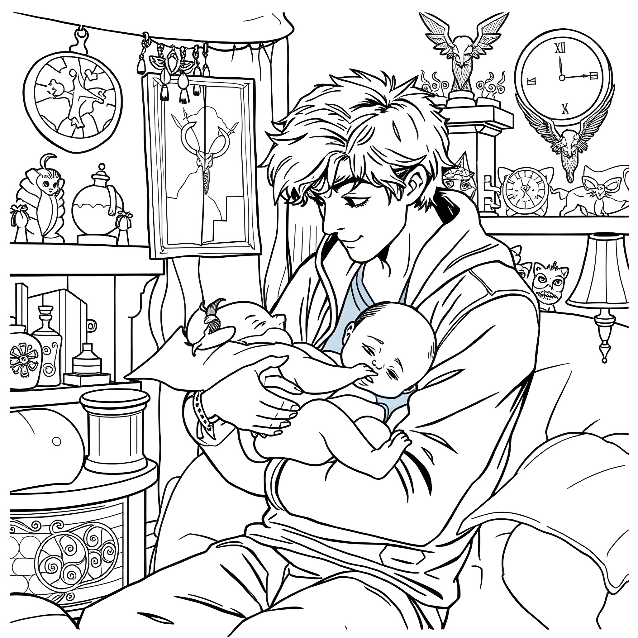 Percy Jackson comforting a baby in a cluttered room Coloring Page (free black-and-white line drawing printable PDF for all, from beginners to advanced learners, including children, teens, adults, and seniors)