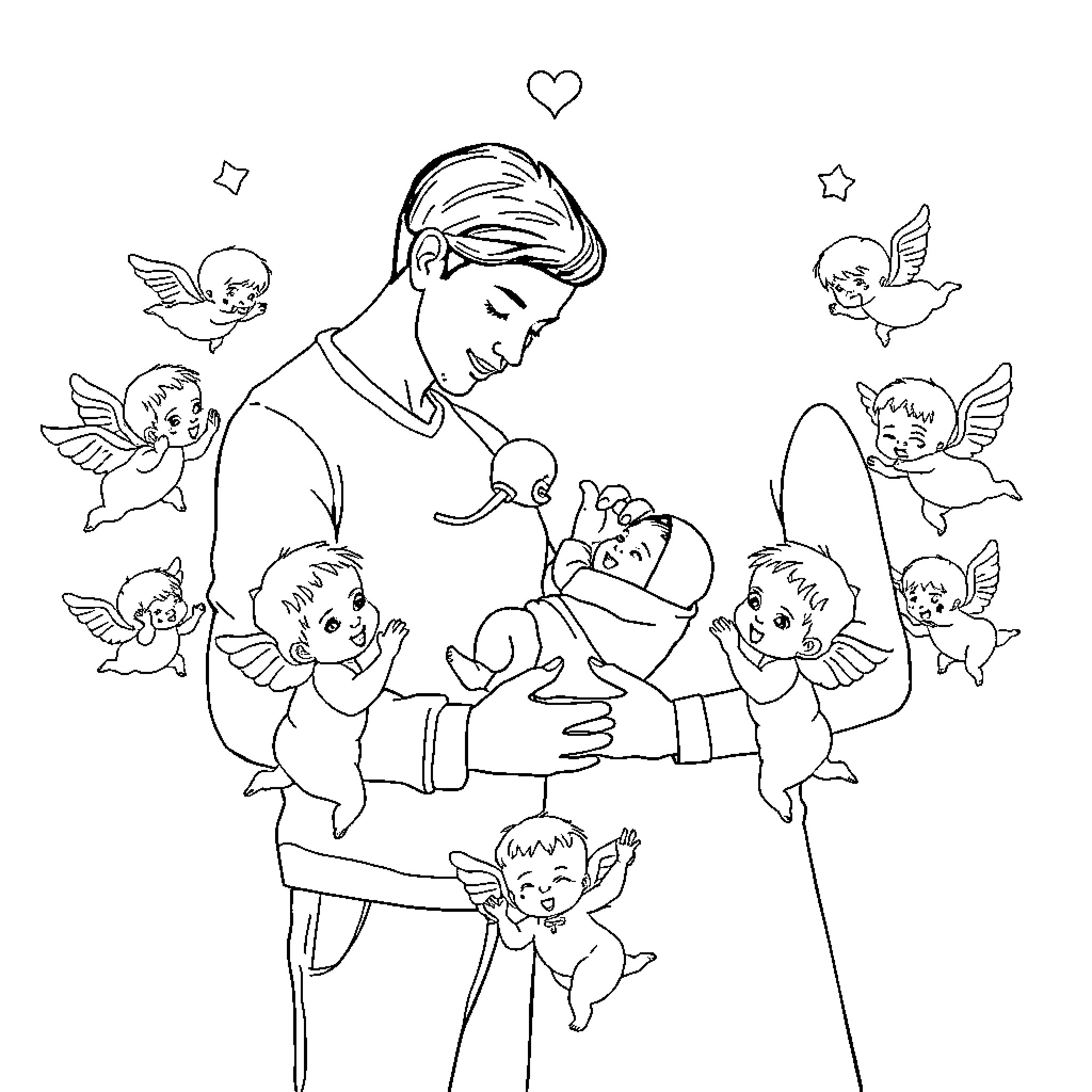 Family enjoying tender moments with cherished children Coloring Page (free black-and-white line drawing printable PDF for all, from beginners to advanced learners, including children, teens, adults, and seniors)
