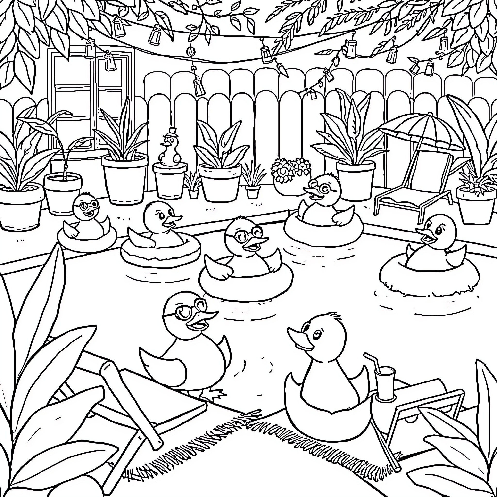 Duck Family Relaxing in a Cozy Garden Coloring Page (free black-and-white line drawing printable PDF for all, from beginners to advanced learners, including children, teens, adults, and seniors)