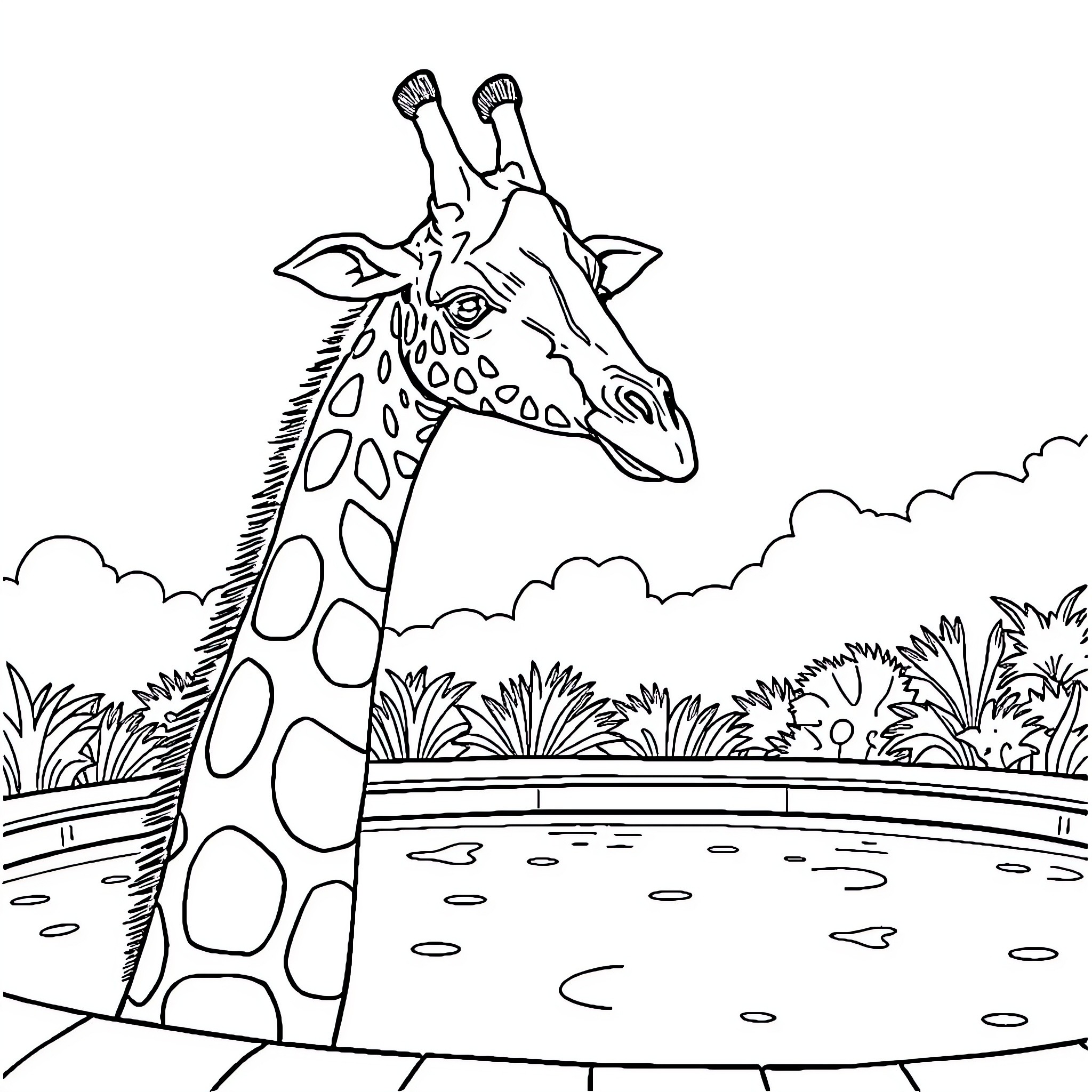Giraffe peering curiously over a lake Coloring Page (free black-and-white line drawing printable PDF for all, from beginners to advanced learners, including children, teens, adults, and seniors)