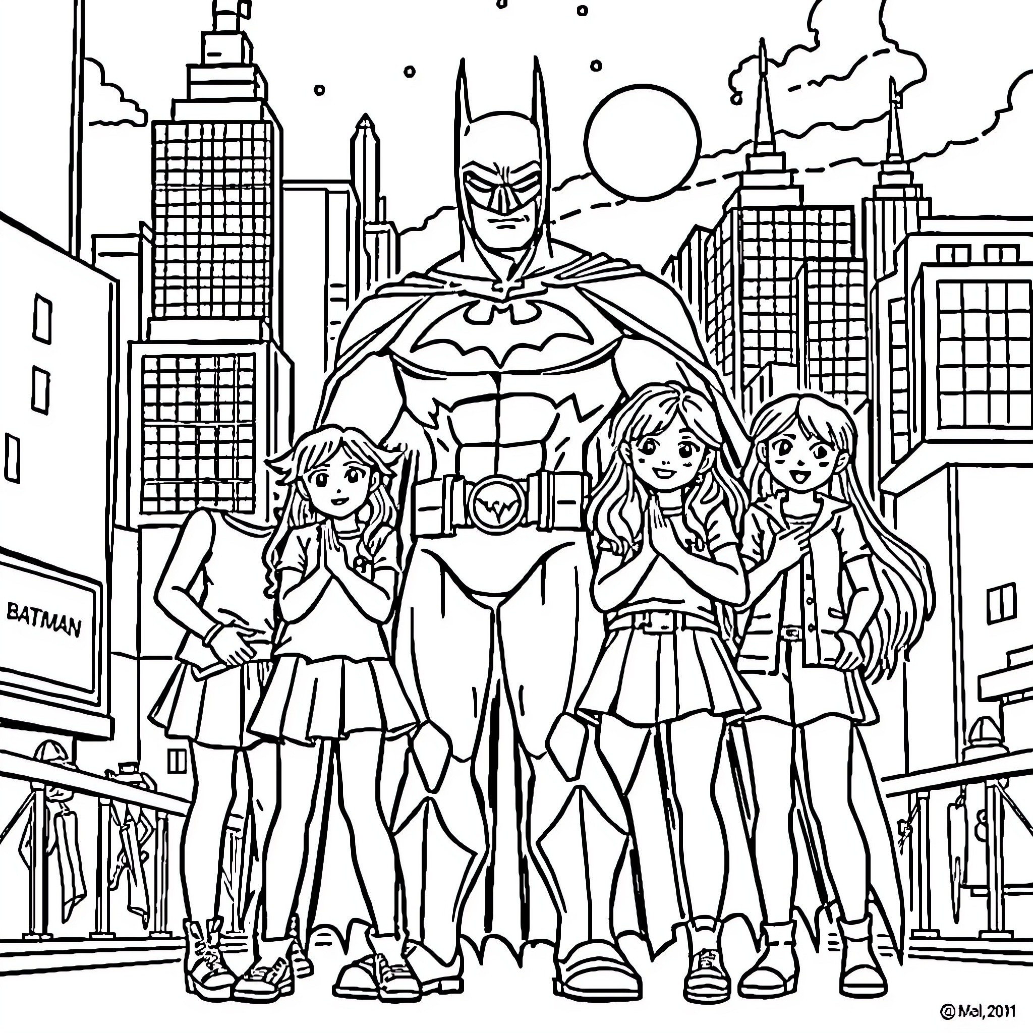 Batman protects the city with female companions Coloring Page (free black-and-white line drawing printable PDF for all, from beginners to advanced learners, including children, teens, adults, and seniors)