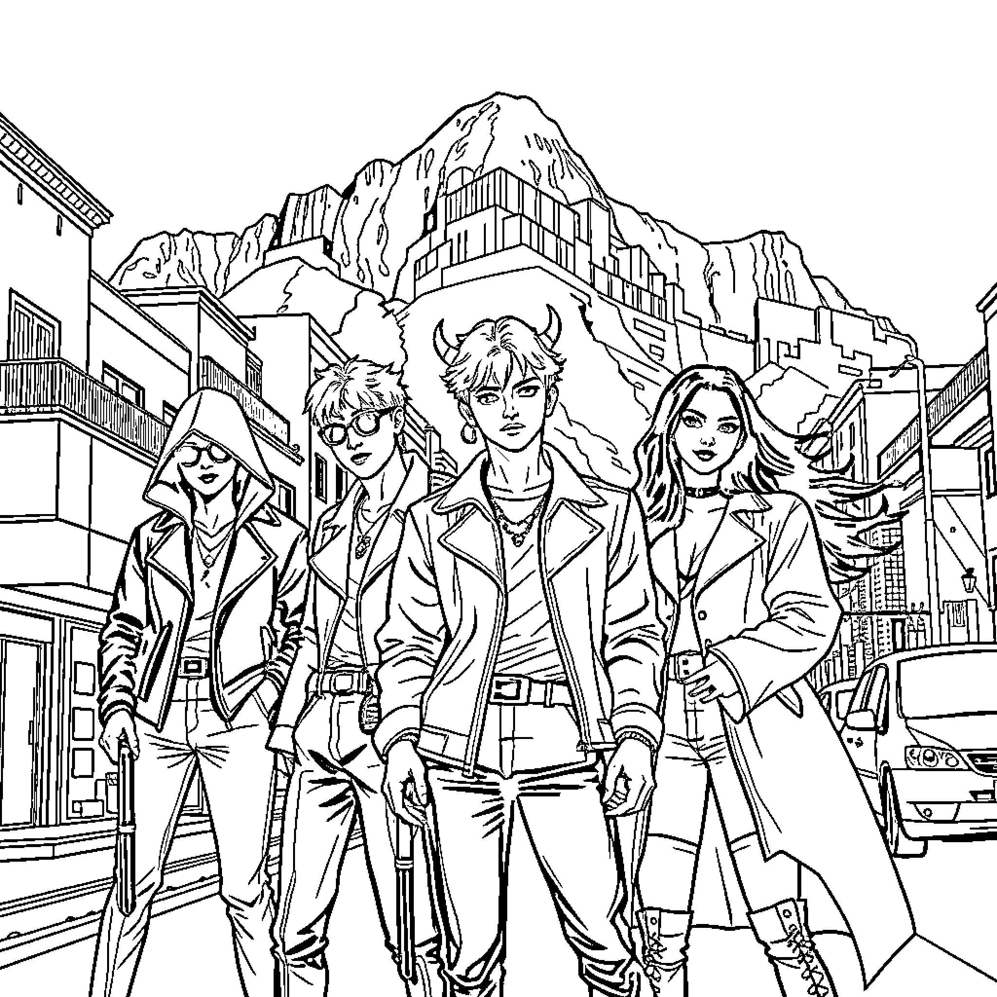 Demon Hunter Squad Faces Mountain Threat Coloring Page (free black-and-white line drawing printable PDF for all, from beginners to advanced learners, including children, teens, adults, and seniors)