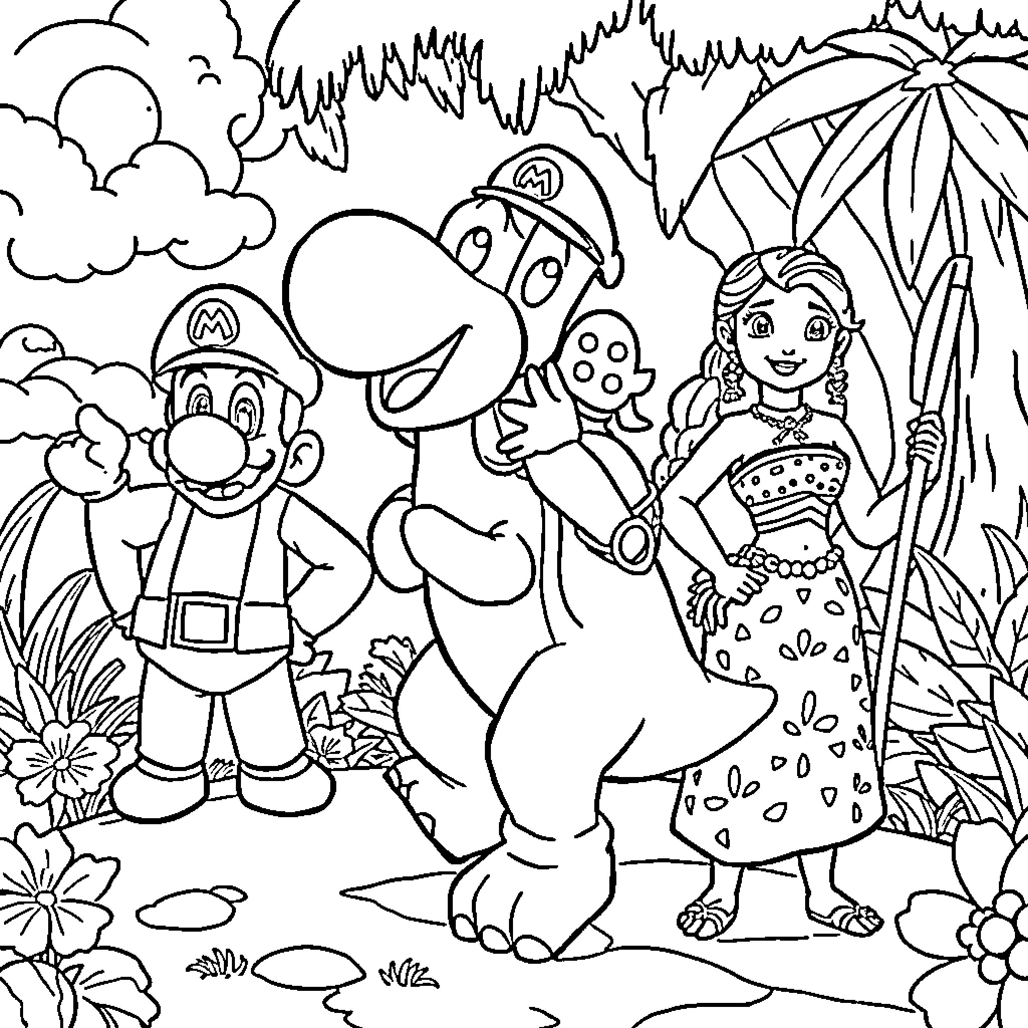 Yoshi's Tropical Adventure with Mario and Peach Coloring Page (free black-and-white line drawing printable PDF for all, from beginners to advanced learners, including children, teens, adults, and seniors)