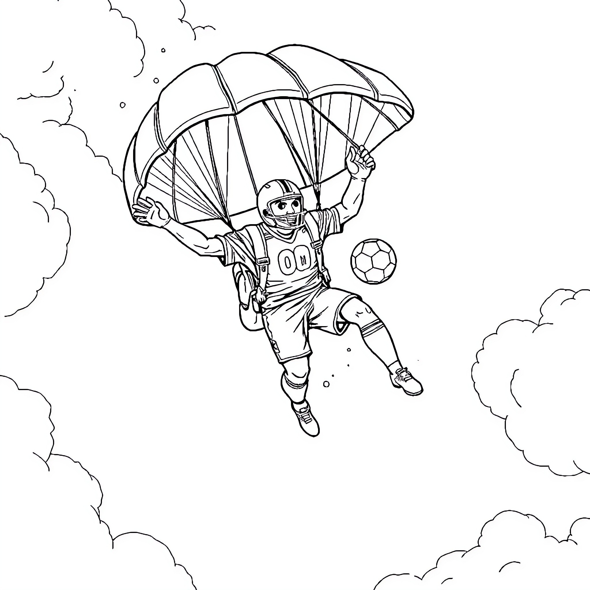 Football Player Skydiving with Soccer Ball Coloring Page (free black-and-white line drawing printable PDF for all, from beginners to advanced learners, including children, teens, adults, and seniors)