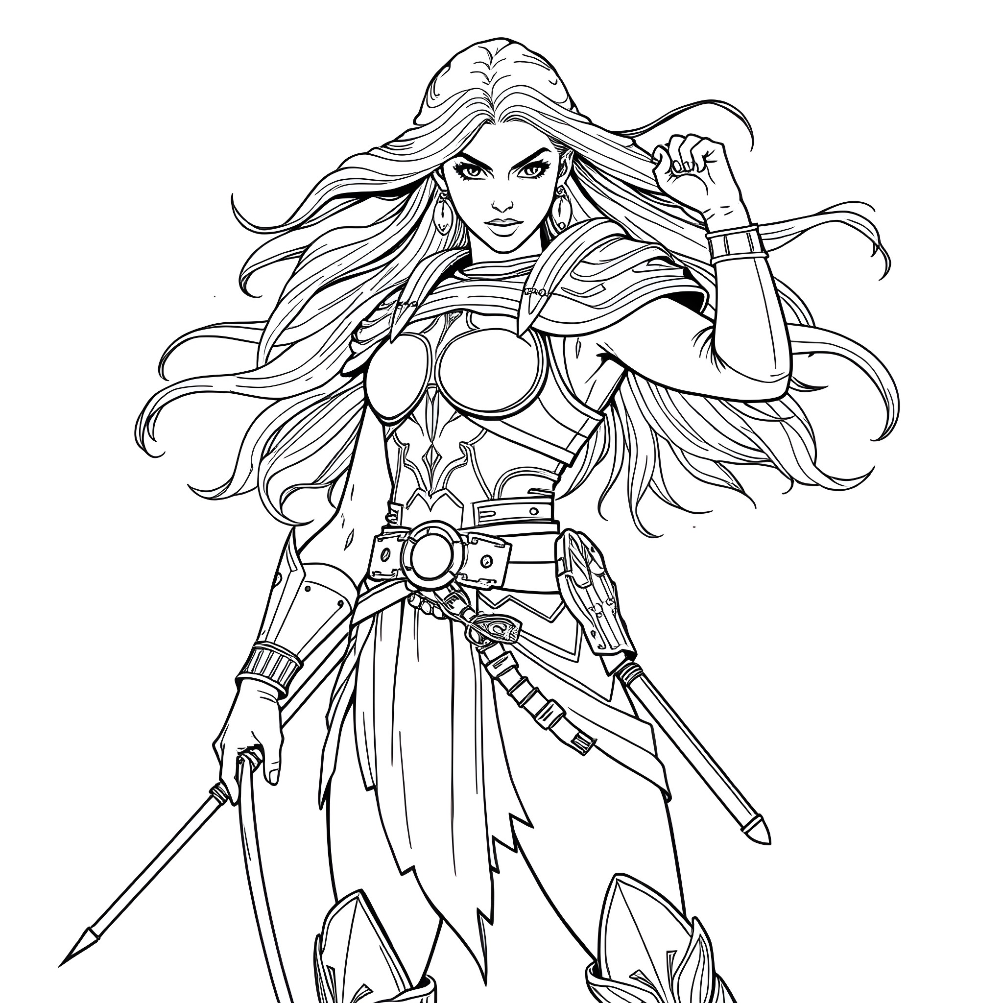 Wonder Woman in heroic battle stance with long flowing hair Coloring Page (free black-and-white line drawing printable PDF for all, from beginners to advanced learners, including children, teens, adults, and seniors)