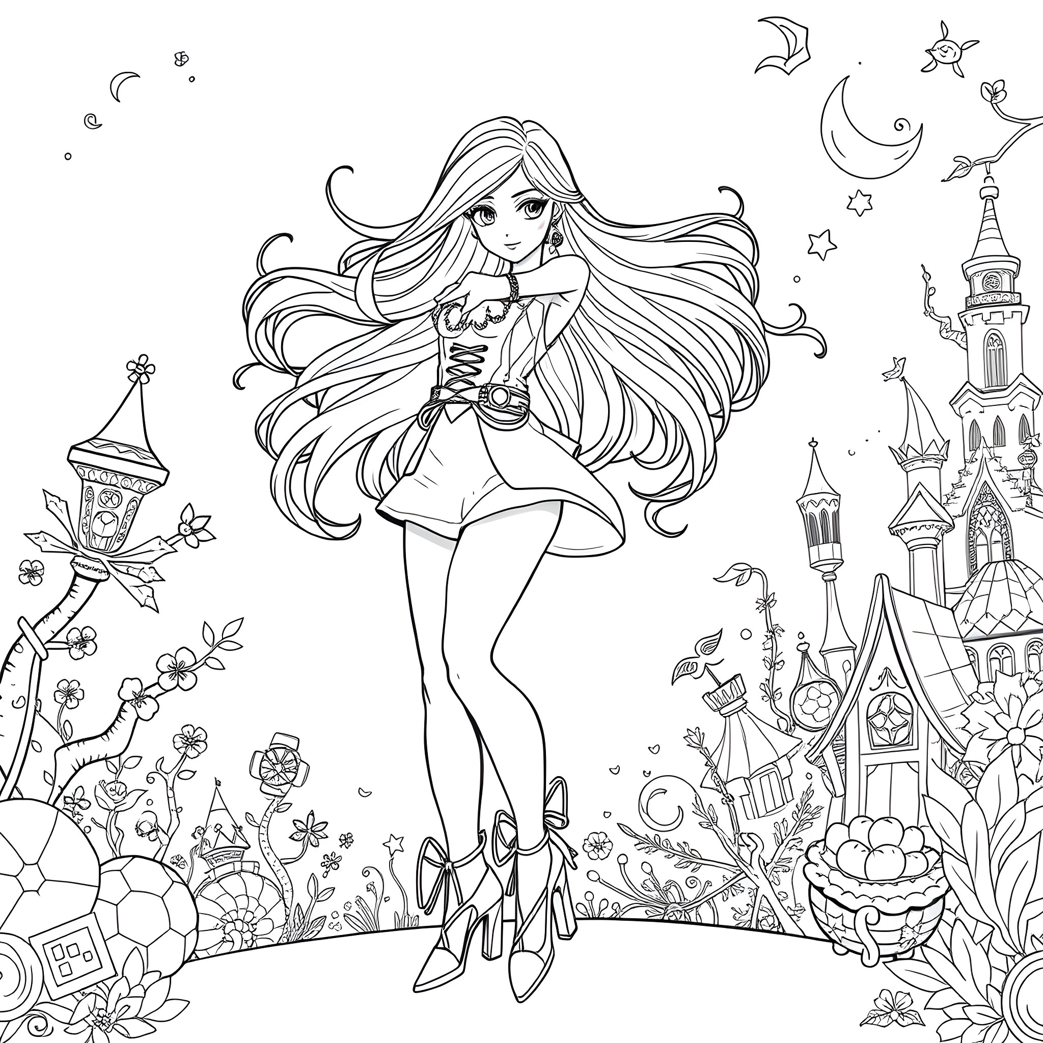 Babe in a magical fantasy world Coloring Page (free black-and-white line drawing printable PDF for all, from beginners to advanced learners, including children, teens, adults, and seniors)