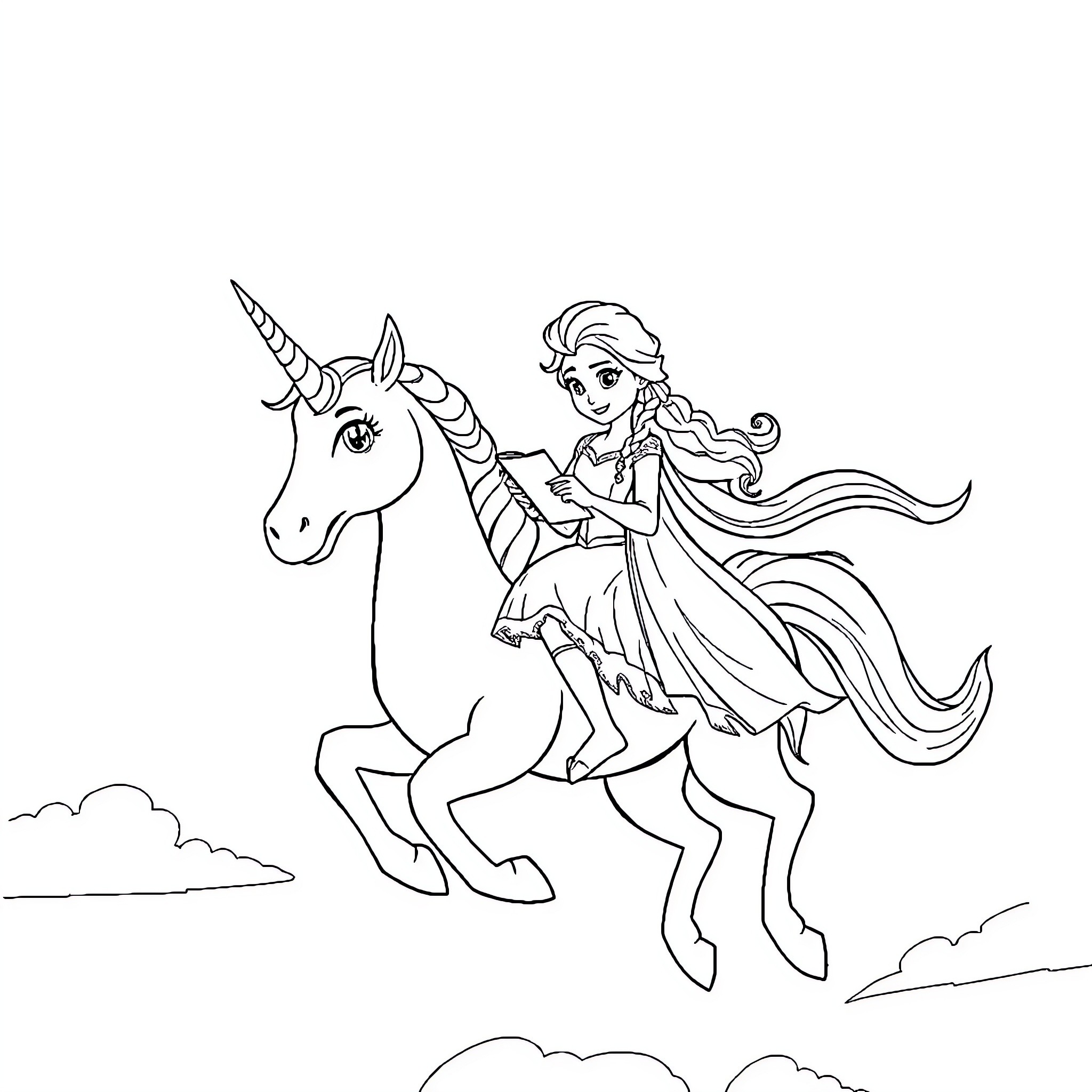Elsa riding a unicorn in the clouds Coloring Page (free black-and-white line drawing printable PDF for all, from beginners to advanced learners, including children, teens, adults, and seniors)