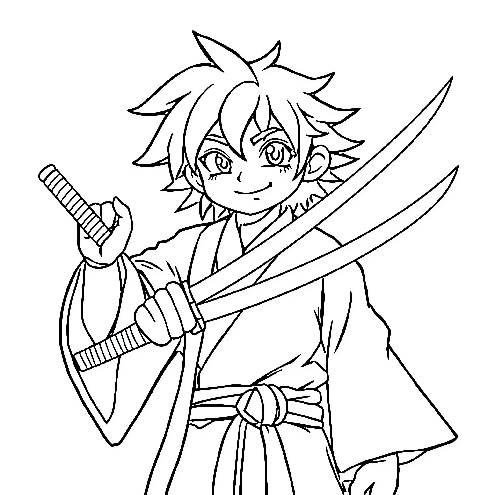Tanjiro wielding swords with determination Coloring Page (free black-and-white line drawing printable PDF for all, from beginners to advanced learners, including children, teens, adults, and seniors)