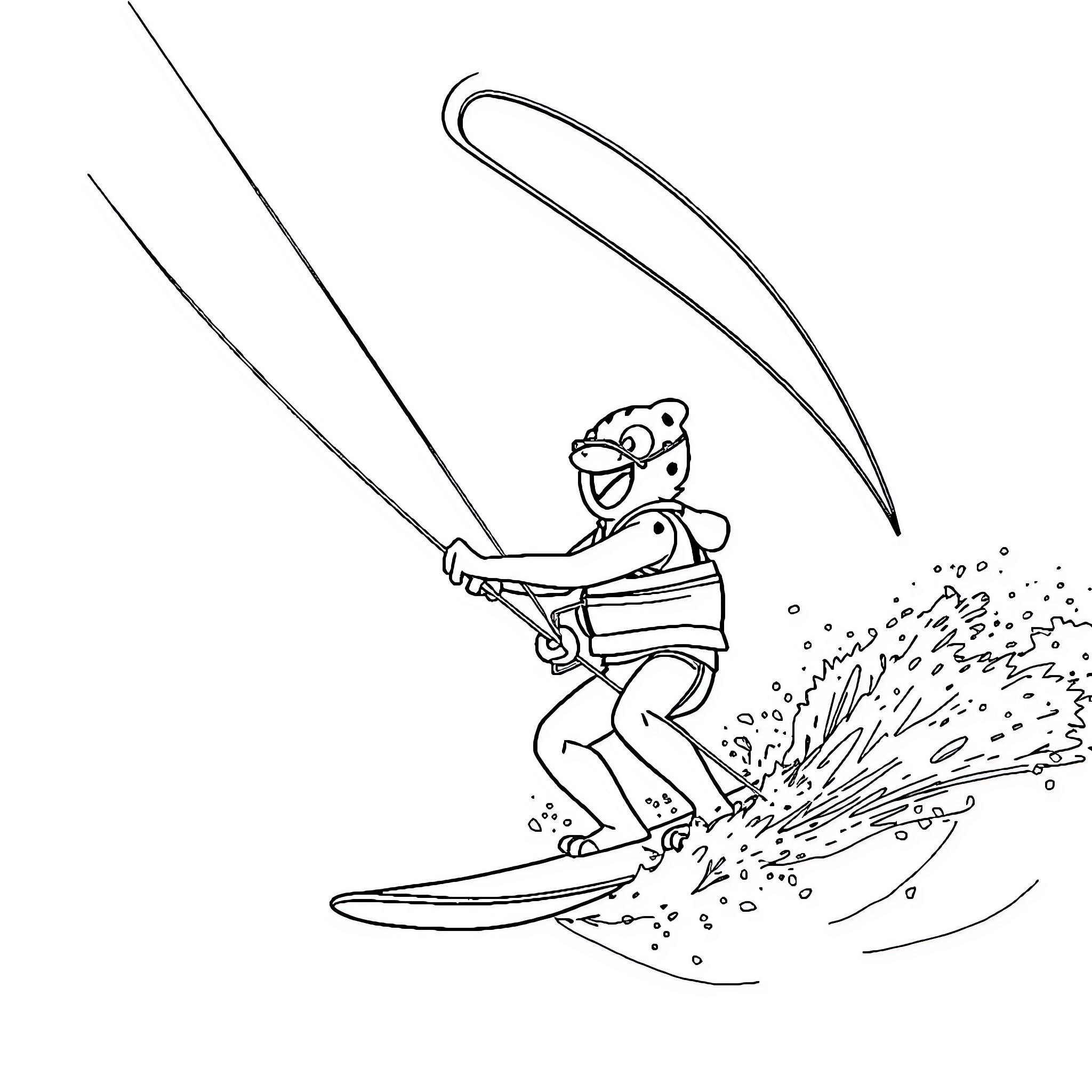 Spongebob surfing waves with excitement Coloring Page (free black-and-white line drawing printable PDF for all, from beginners to advanced learners, including children, teens, adults, and seniors)