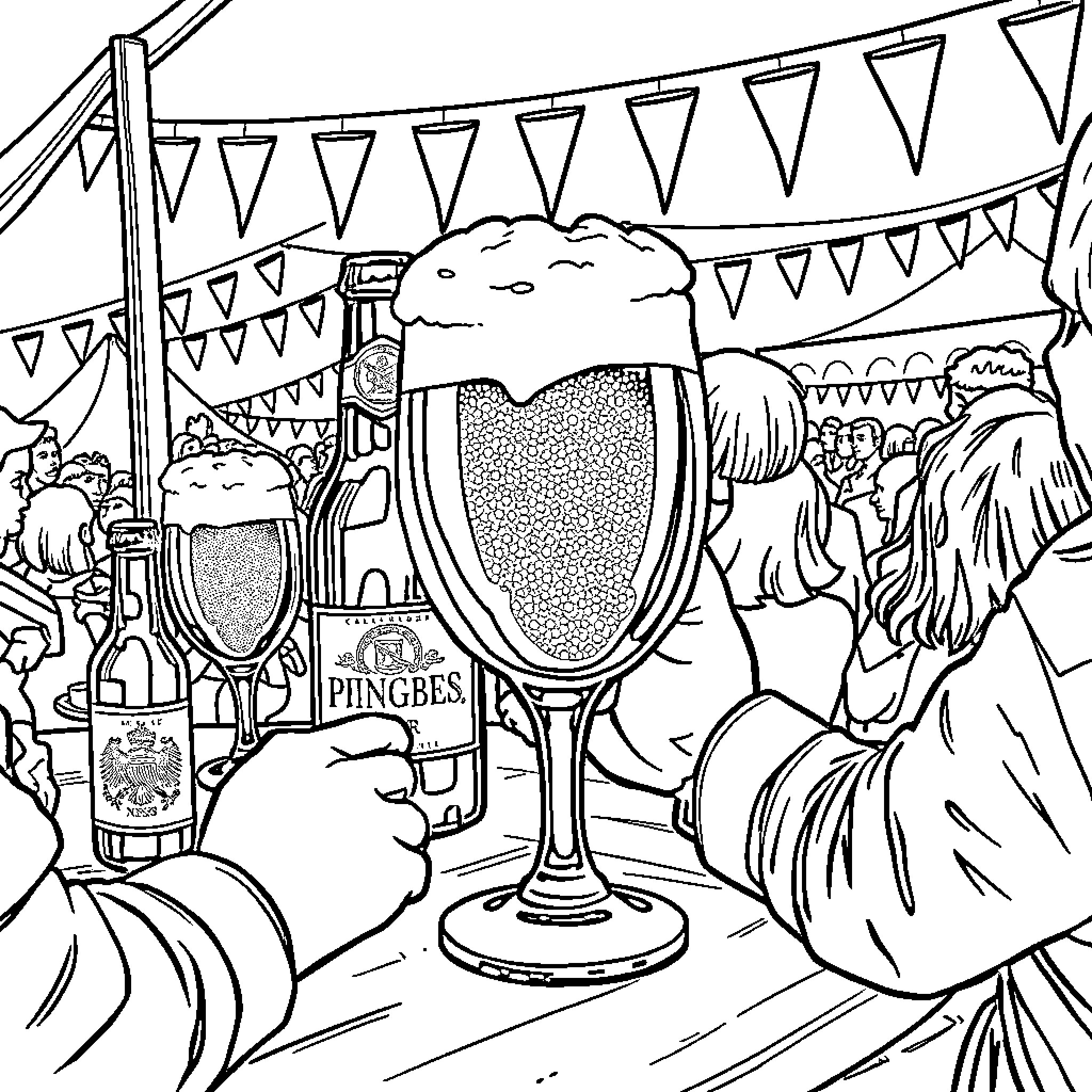 Pfingstbier Festival Celebrations with Beer and Decorations Coloring Page (free black-and-white line drawing printable PDF for all, from beginners to advanced learners, including children, teens, adults, and seniors)