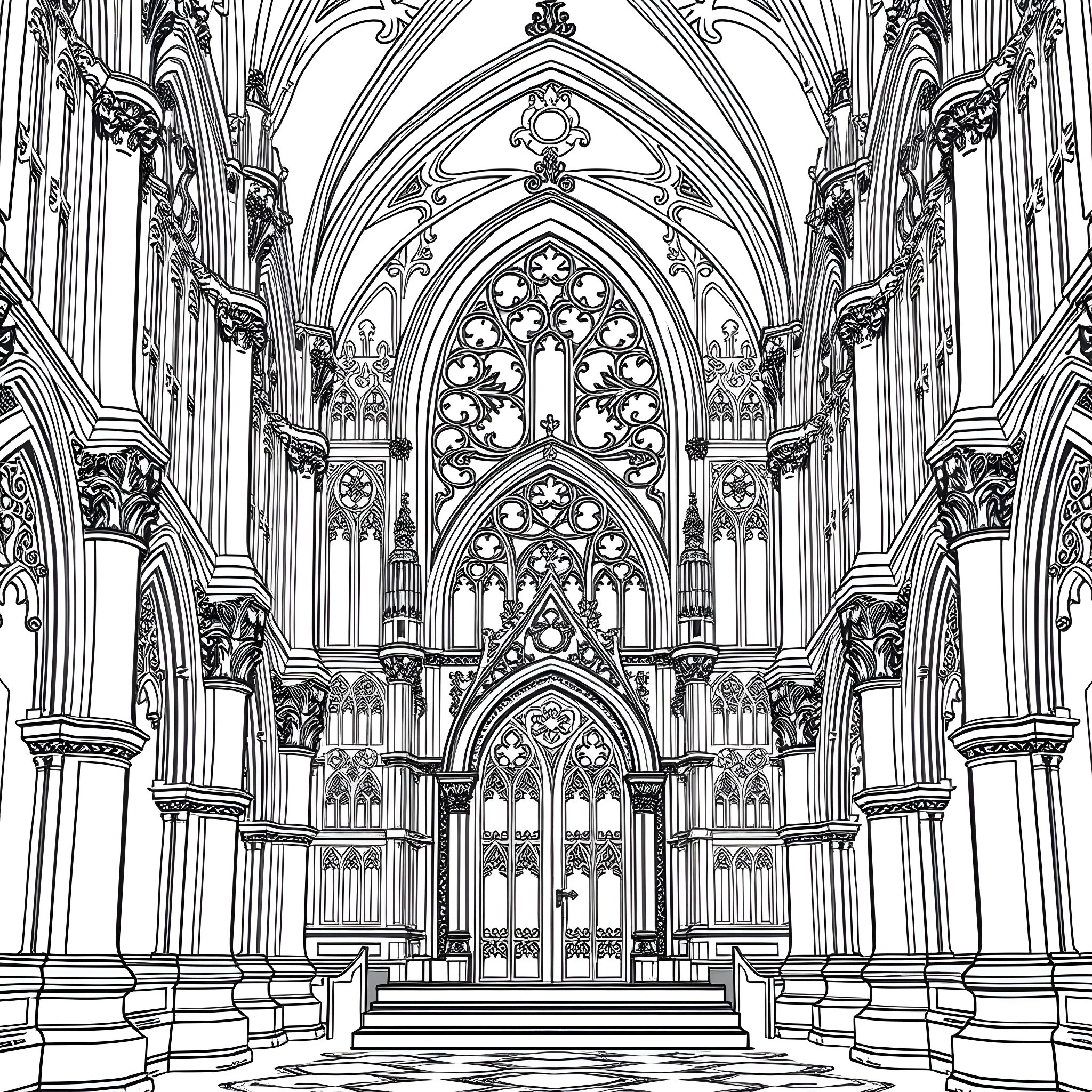 Gothic architectural details of ornate church interior Coloring Page (free black-and-white line drawing printable PDF for all, from beginners to advanced learners, including children, teens, adults, and seniors)