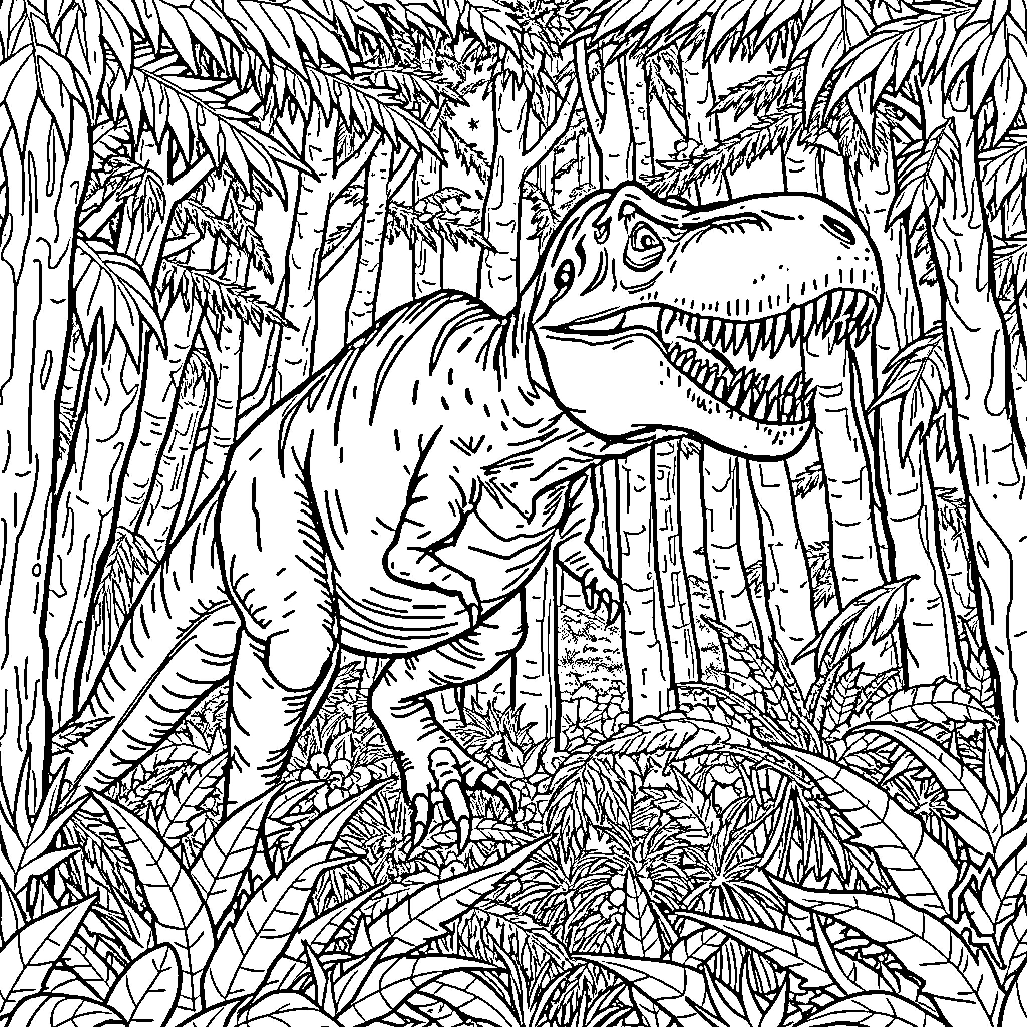 T-Rex roaring in the dense jungle Coloring Page (free black-and-white line drawing printable PDF for all, from beginners to advanced learners, including children, teens, adults, and seniors)