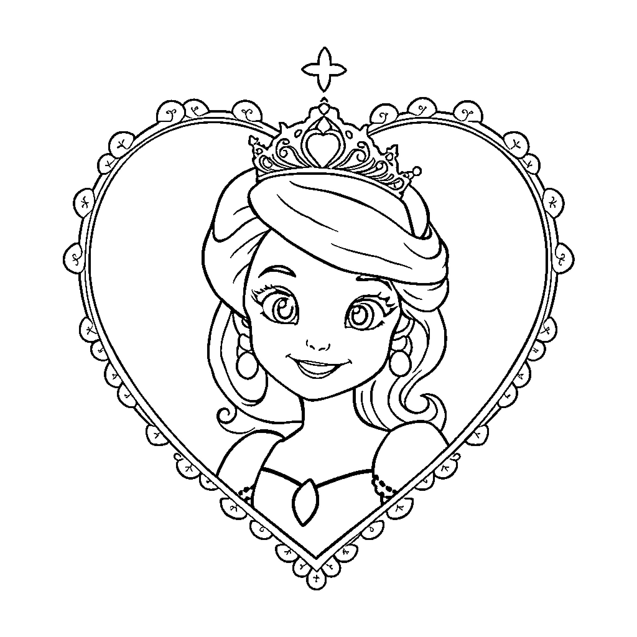 Sofia in a heart-shaped frame Coloring Page (free black-and-white line drawing printable PDF for all, from beginners to advanced learners, including children, teens, adults, and seniors)