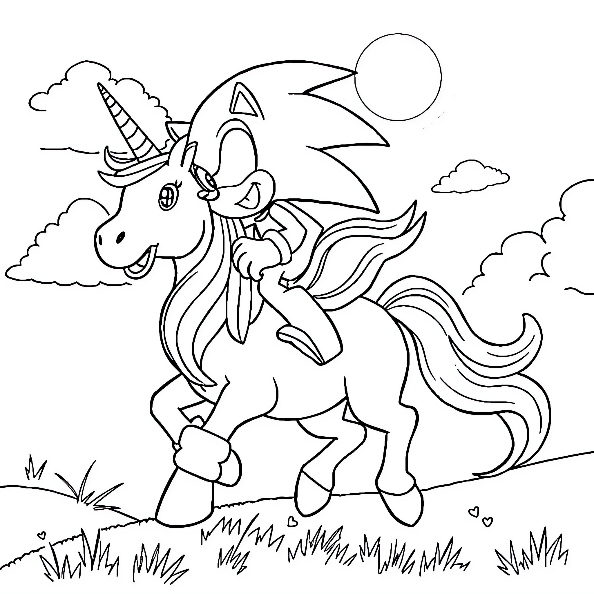Sonic the unicorn running happily in the meadow Coloring Page (free black-and-white line drawing printable PDF for all, from beginners to advanced learners, including children, teens, adults, and seniors)